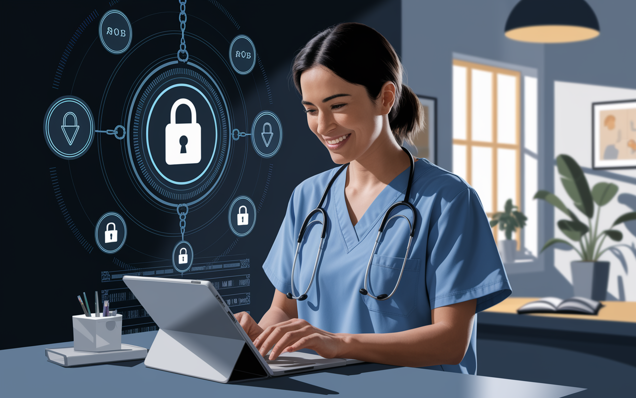 A patient interacting with a digital interface that represents MedRec project, with visual elements of blockchain security, such as locks and chains, in the background. The patient smiles while reviewing their electronic medical records on a tablet, showcasing user empowerment and control. The setting is a modern, inviting healthcare environment with soft lighting, indicating a trustful atmosphere.