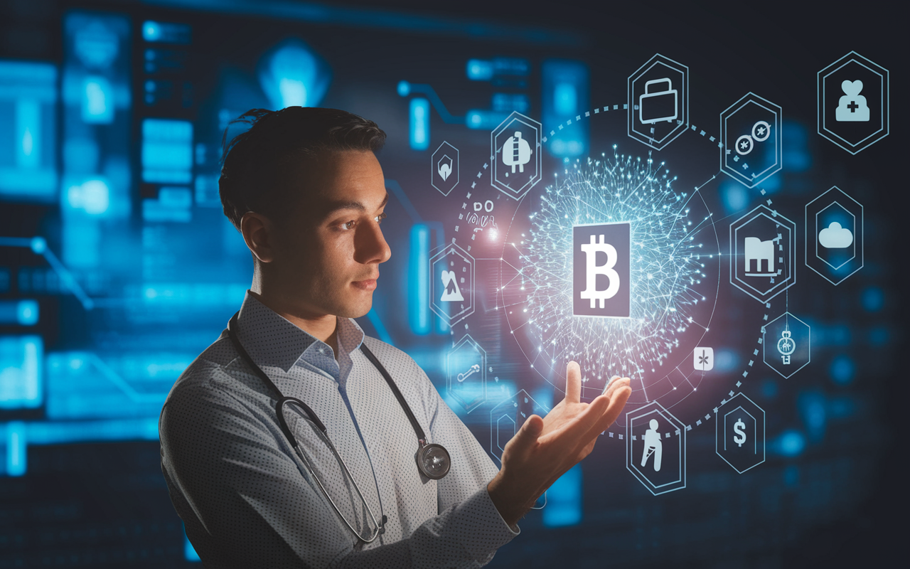 A conceptual representation of healthcare challenges in implementing blockchain technology. The scene features a thoughtful healthcare professional examining barriers like regulation documents, integration hurdles, and scalability graphs while surrounded by digital elements symbolizing blockchain. The lighting is dramatic, symbolizing the seriousness of these challenges, against a backdrop of blurred healthcare data images.