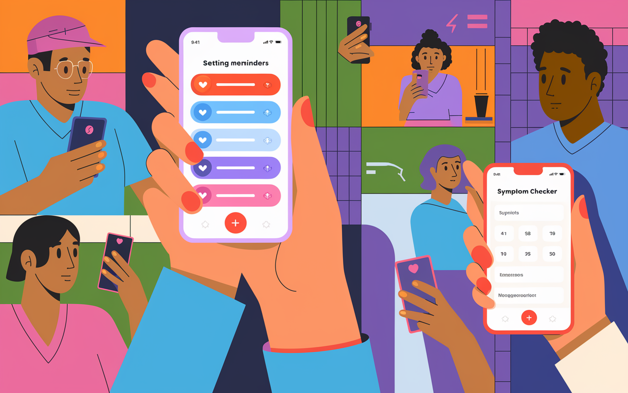A modern, bustling urban setting featuring diverse individuals interacting with their smartphones. One person is setting medication reminders using a colorful app with notifications appearing, while another inputs symptoms on a symptom checker app, their expressions reflecting concern and focus. Bright and engaging colors amplify the sense of active health management and empowerment.
