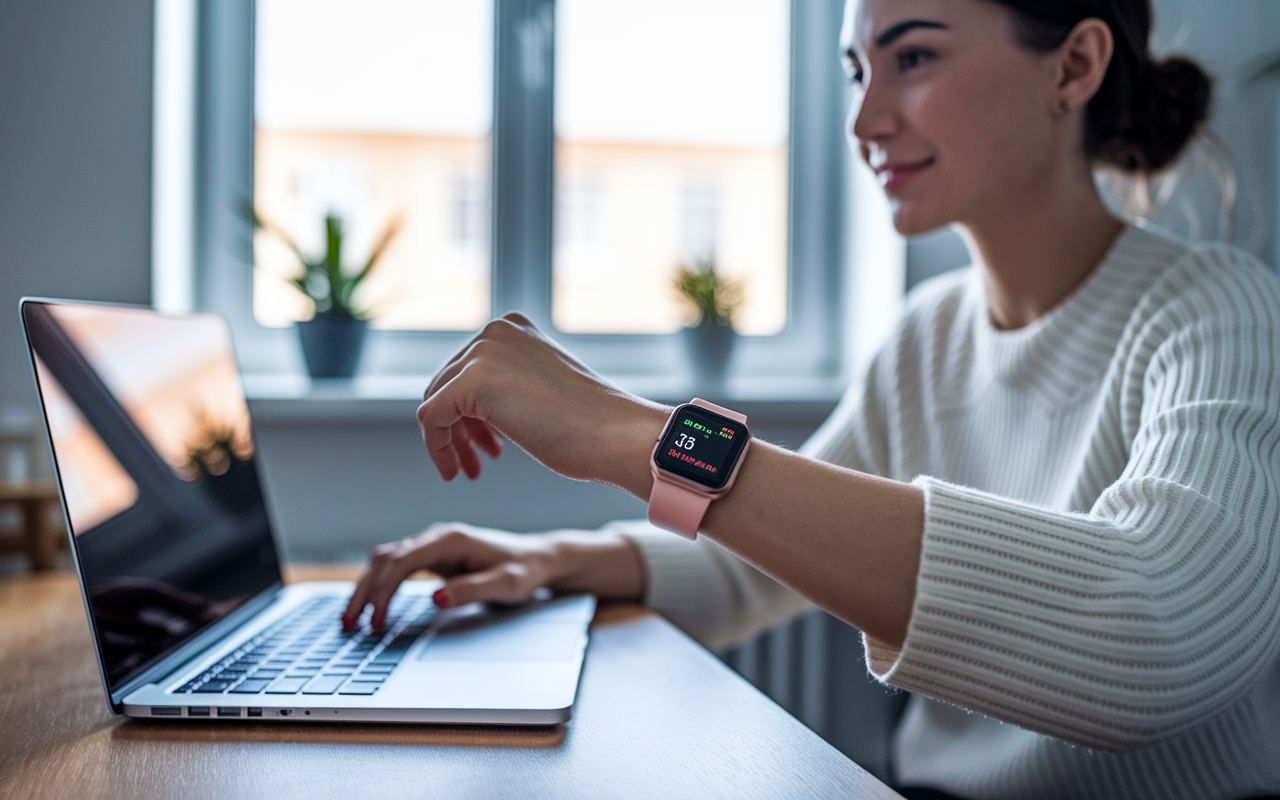 A stylish, bright room showcasing a young woman wearing a smartwatch while working on a laptop. The watch screen displays real-time health metrics like heart rate and step count. Behind her, a window provides natural light, creating an atmosphere of productivity and health awareness. The setting is clutter-free, highlighting a focused lifestyle enhanced by technology.