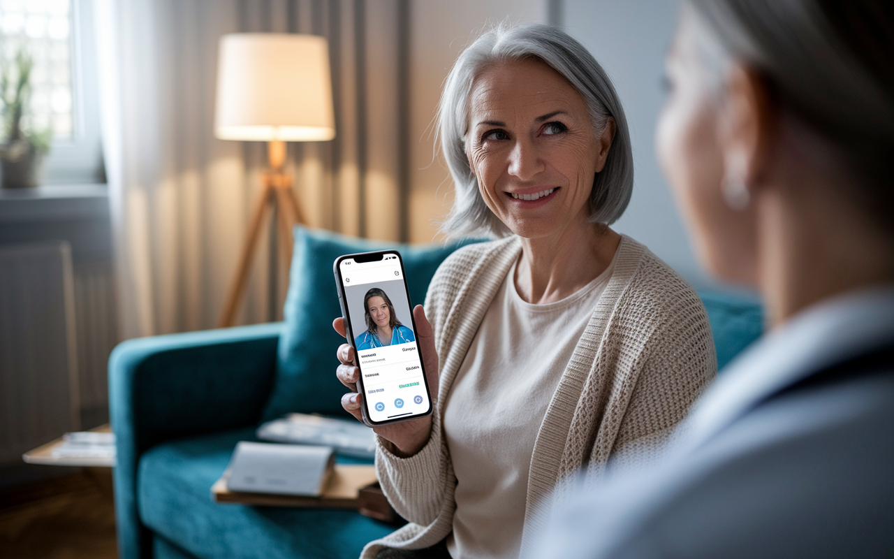 A modern telehealth consultation scene, where a middle-aged woman is engaging with a healthcare provider through a smartphone video call from her living room. The app interface is visible, displaying patient data and consultation tools. The ambiance is warm and reassuring, showcasing the shift towards remote healthcare in a cozy, homey environment.