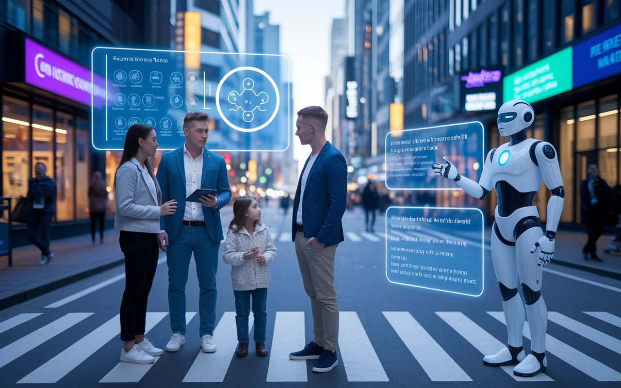 A futuristic cityscape featuring holographic interfaces and AI-driven health assistants interacting with diverse individuals. A family is seen discussing health data shared on a floating screen, while an AI chatbot provides real-time health advice nearby. The scene is illuminated with neon lights, highlighting innovation and the seamless integration of health technology.