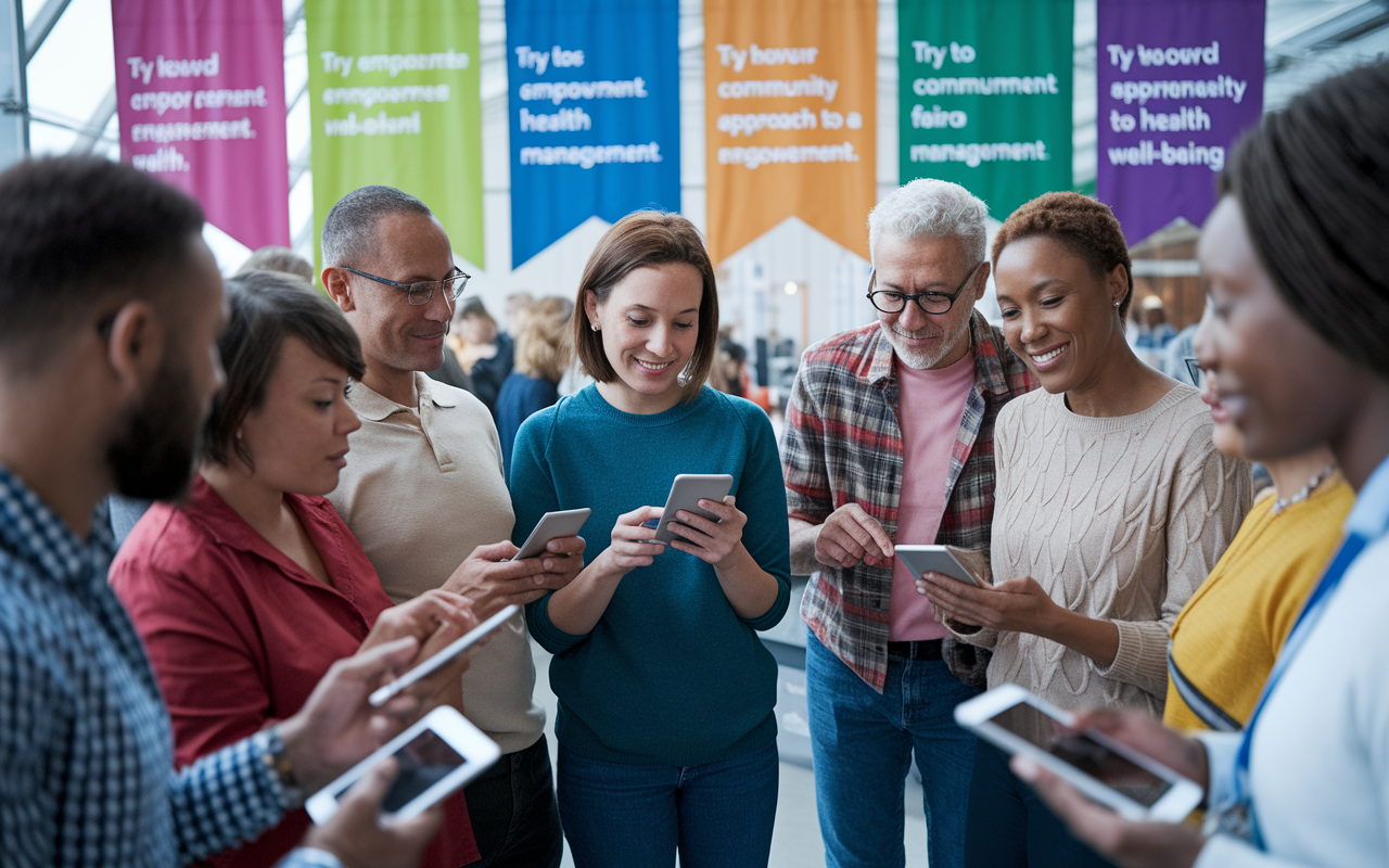 A diverse group of individuals, from different age groups and backgrounds, gathered around smartphones and tablets in a community health fair setting, engaged in discussions about their health management. Brightly colored banners display messages of empowerment and well-being. The atmosphere is lively and supportive, emphasizing a community approach to health engagement.