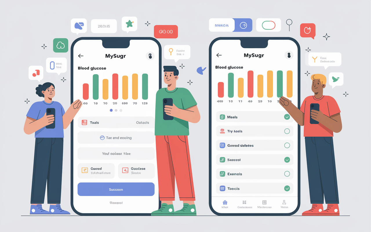 An animated depiction of the MySugr app interface, showcasing a user-friendly design with colorful graphs tracking blood glucose levels. Cartoon-style characters are engaged in the app functionality, indicating tracking meals and exercise. The atmosphere is upbeat and encouraging, reflecting the app's gamification approach to diabetes management.