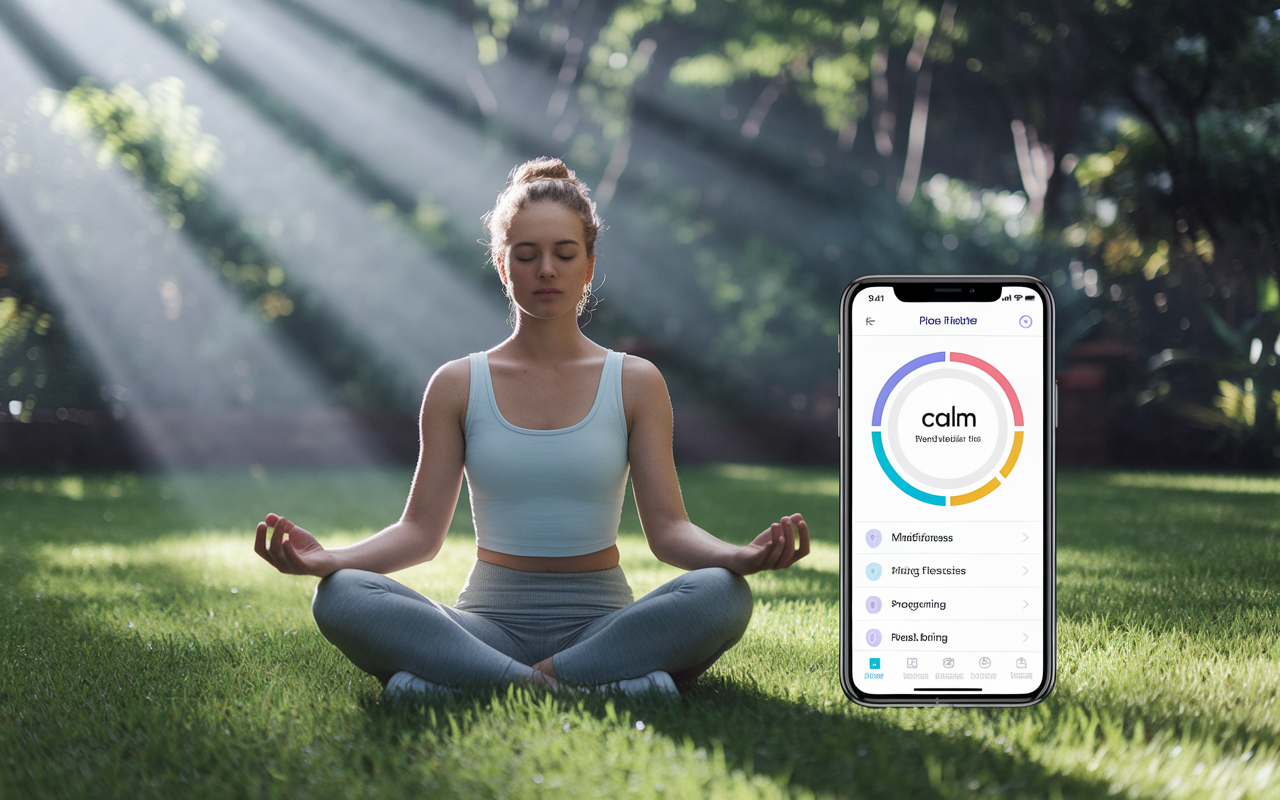 A serene and calming environment where a young woman is meditating while using the Calm app on her smartphone in a tranquil garden. Soft sun rays filter through the trees, creating a peaceful atmosphere. The app interface is visible, displaying mindfulness exercises and progress tracking, enhancing the sense of well-being.