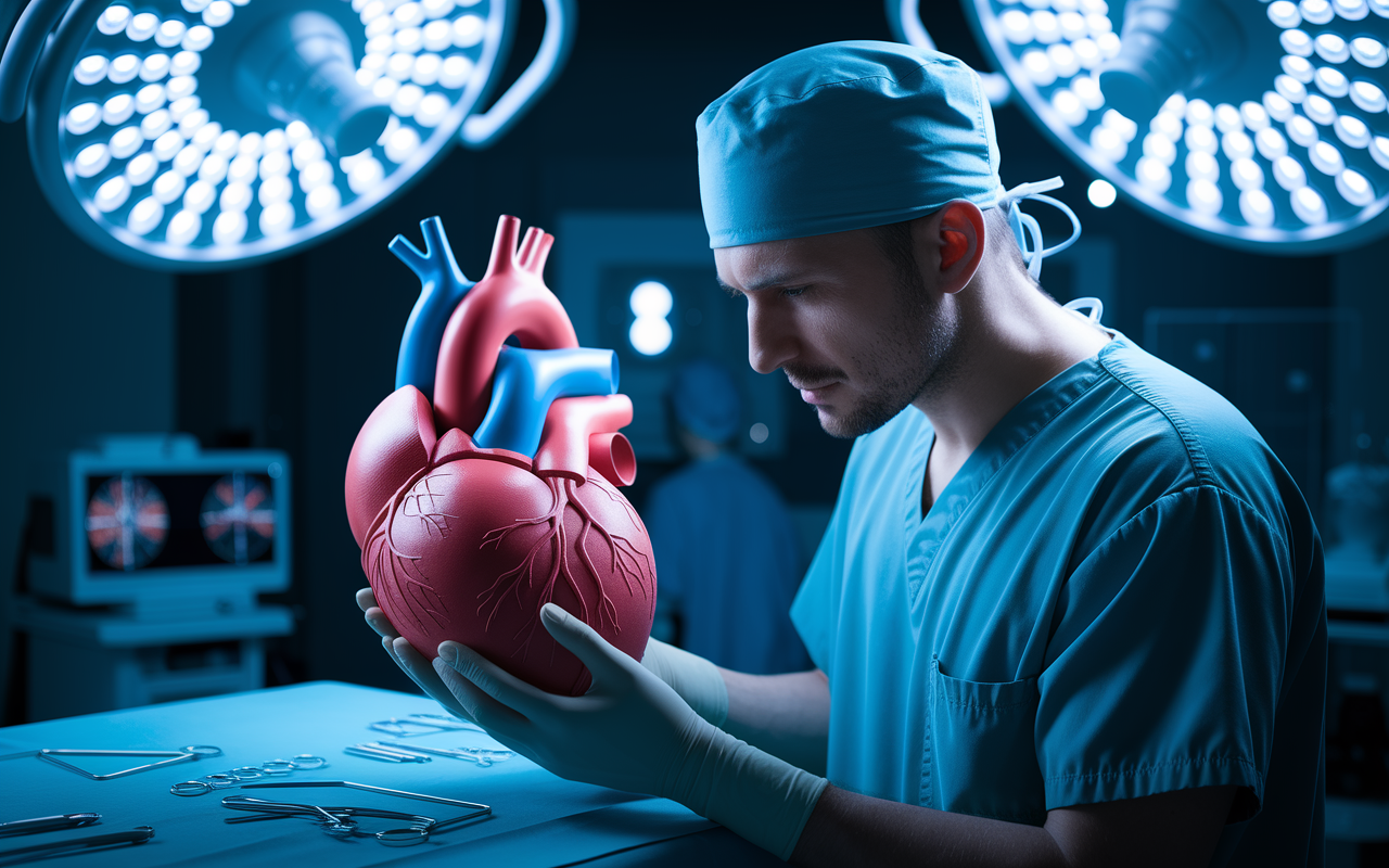 A surgeon closely examining a detailed 3D printed model of a human heart in a modern surgical room. This scene highlights the use of advanced imaging technologies in surgical planning. The heart model is vividly colored, showing anatomy clearly, while the surgeon is dressed in surgical scrubs, looking at the model with keen interest. Surrounding equipment glows from soft overhead lights, creating a clinical yet inspiring atmosphere that emphasizes the importance of preparation in complex surgeries.