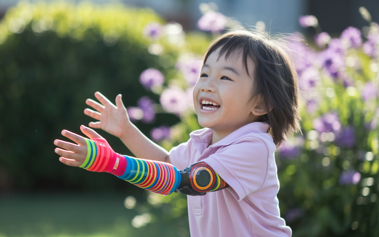 A joyful child playing outdoors wearing a colorful 3D-printed prosthetic arm, the arm is artistic with bright patterns and textures. The child is smiling, showcasing a sense of freedom and happiness. In the background, lush greenery and vibrant flowers blend harmoniously, emphasizing the connection between technology and the ordinary joys of life. The lighting is warm and inviting, enhancing the emotional appeal of the scene.