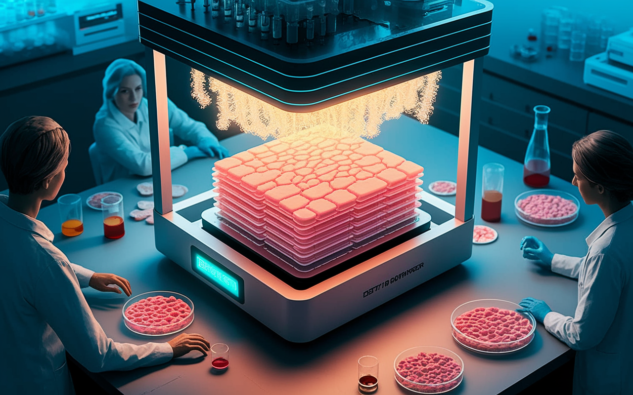 An artistic representation of the bioprinting process with a 3D bioprinter working on layers of living cells to produce human-sized organ tissues. The printer emits a warm glow while printed tissues emerge softly under strategic overhead lighting. Surrounding the printer, researchers monitor the process, surrounded by petri dishes and lab equipment. The atmosphere is filled with a sense of hope and innovation, visualizing the future of medical technology.