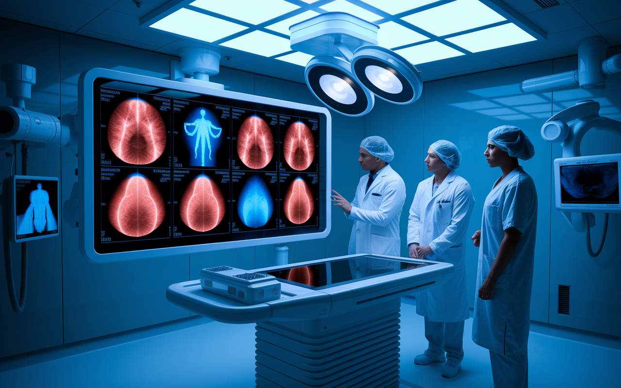 An AI system analyzing a set of radiology images displayed on a high-tech monitor in a digital environment. The screen shows highlighted areas with potential health issues as healthcare professionals observe and discuss the findings. The room is equipped with futuristic medical instruments, bright yet focused lighting, creating a high-stakes atmosphere of patient care.