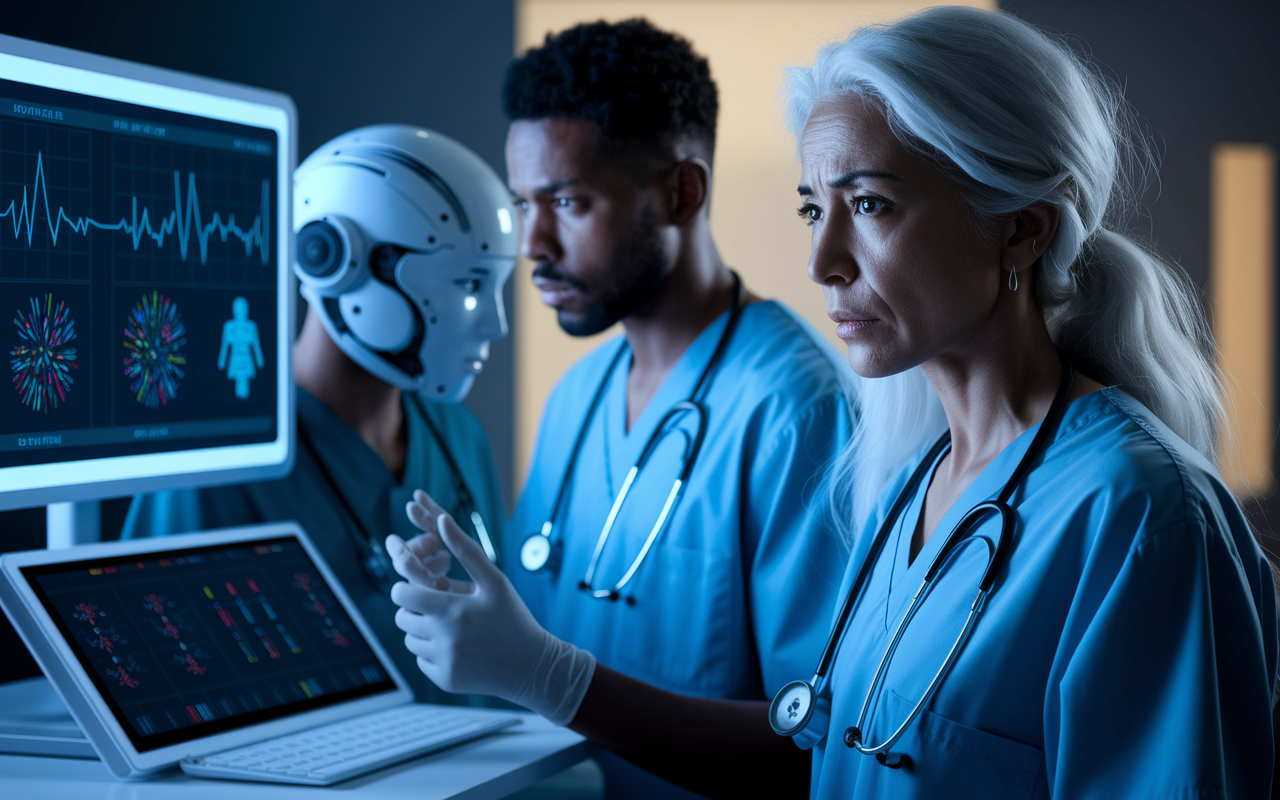 A visually impactful scene depicting two patients of different ethnicities in a healthcare setting, looking concerned as they undergo AI-assisted diagnosis. The backdrop includes a high-tech monitoring screen showing diagnostic data, with subtle hints of bias, such as uneven representation in the data visualizations. The atmosphere is tense, emphasizing the human aspects of AI in healthcare.