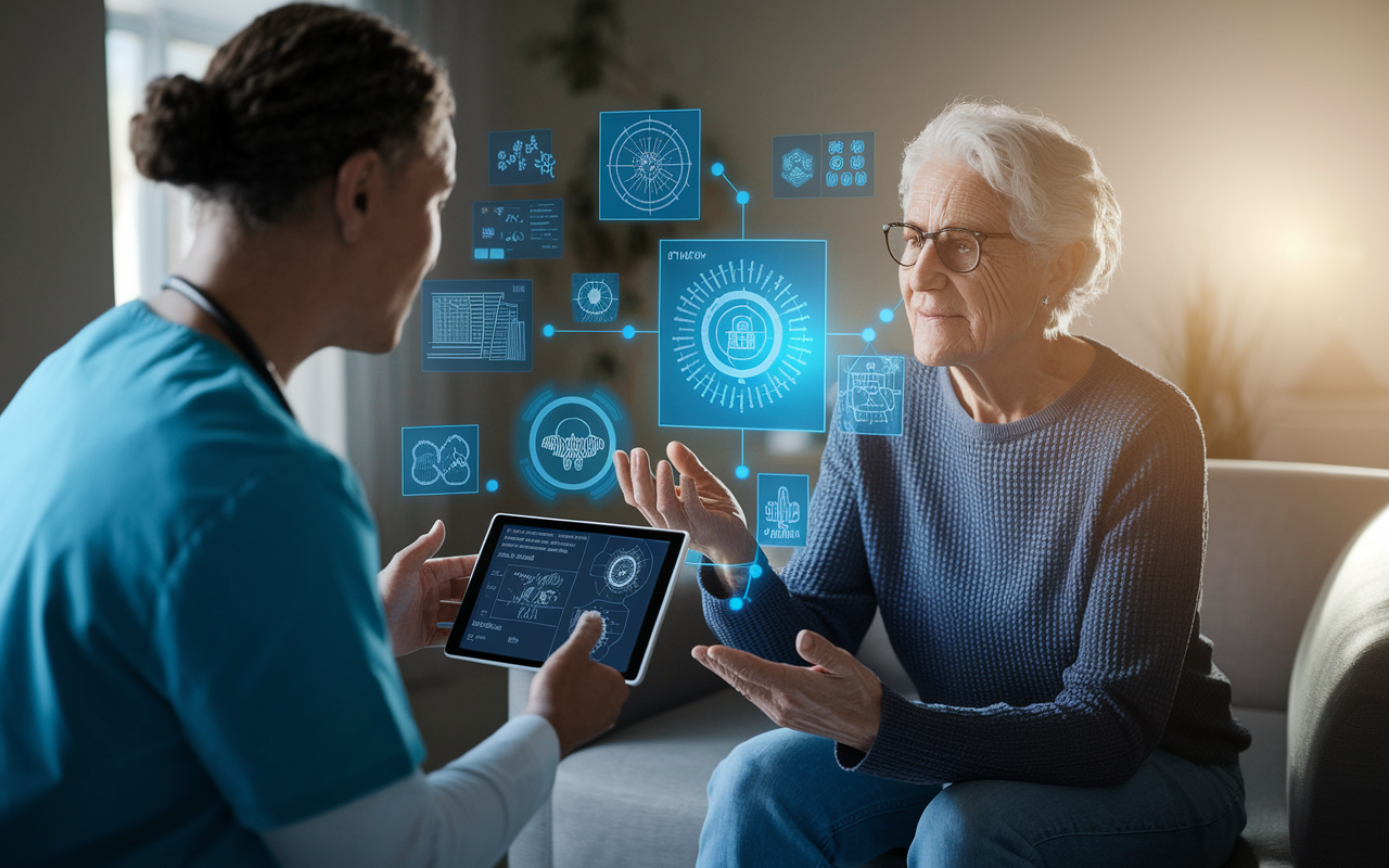 A scene illustrating the evolving patient-physician relationship, showcasing a physician discussing diagnoses with a patient who is intently focused on a tablet displaying AI-driven analysis. The room is warmly lit, with a blend of human interaction and technological elements, capturing both the reliance on AI and the need for human connection in healthcare.