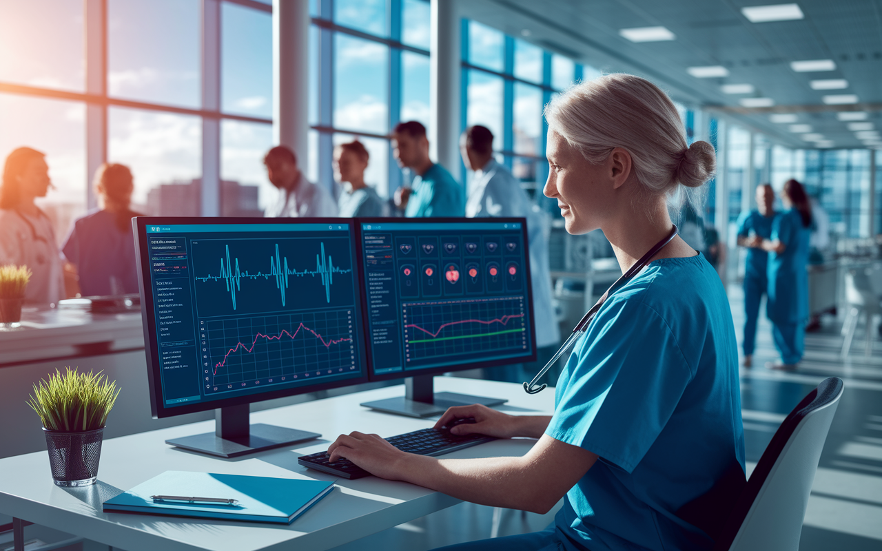 A healthcare professional in scrubs working at a modern desk filled with dual monitors displaying an Electronic Health Record (EHR) system. The background shows a bustling hospital environment with colleagues collaborating on patient care. Sunlight streams in through large windows, creating a productive atmosphere. The EHR interface is highlighted with graphs and patient data, emphasizing efficiency and accessibility in patient care.