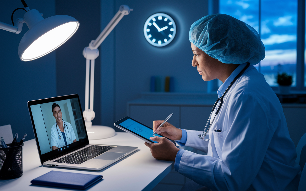 A healthcare professional conducting a telemedicine consultation on a laptop in a contemporary office. The screen displays a patient engaging in a video call, with the doctor taking notes on a digital tablet. The room is equipped with modern medical tools and soft overhead lighting, creating a comfortable and professional environment. A clock on the wall indicates it's evening, symbolizing the accessibility of healthcare.