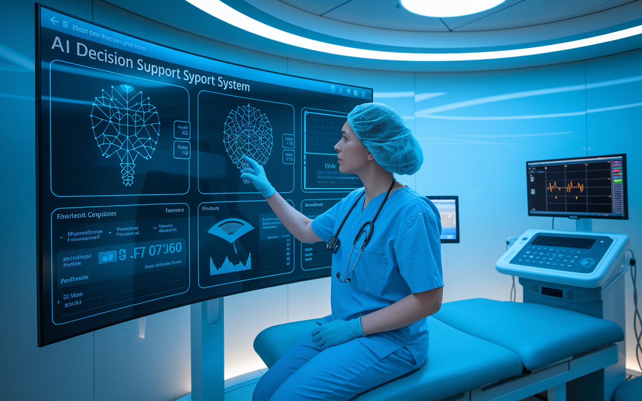 A healthcare provider interacting with an advanced AI decision support system displayed on a large screen. The interface shows complex data analysis predicting patient outcomes, illustrating the integration of technology in healthcare. The setting is a high-tech consultation room, equipped with modern medical equipment, under soft blue lighting that evokes a sense of innovation and trust.