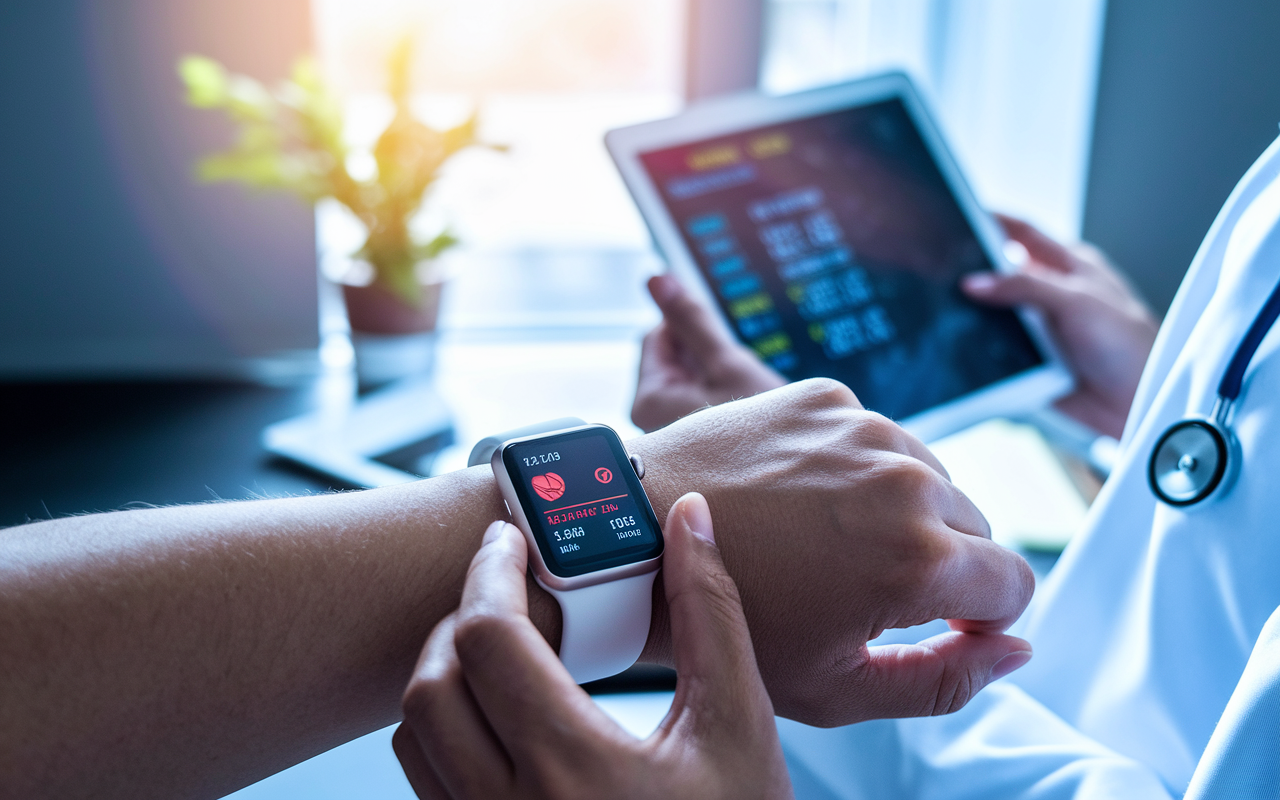 A close-up of a patient wearing a smartwatch that displays health metrics, such as heart rate and activity levels. The background shows a doctor reviewing the data on a tablet in a consultation room. Sunlight filters through the window, highlighting the importance of preventive care. The image captures a moment of collaboration between technology and healthcare professionals.