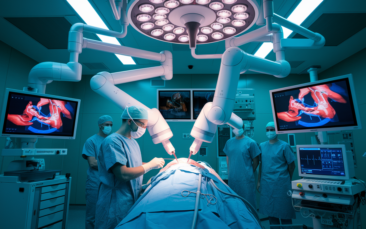 A surgeon operating a robotic surgical system in a modern operating room. The robotic arms are meticulously performing a minimally invasive procedure on a patient, with high-definition monitors displaying real-time images of the surgery. The room is illuminated with sterile, bright lighting, conveying a sense of urgency and precision. Medical staff are observant, showcasing a collaborative effort in cutting-edge surgical technology.