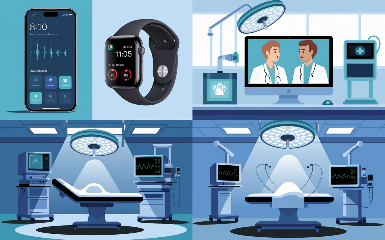 A visually striking collage showcasing four types of medical innovations: a smartphone displaying a health app, a sleek smartwatch monitoring vital signs, a computer screen with a telemedicine consultation occurring, and advanced medical devices on a sterile operating table. The background is a soft-focus hospital environment, with bright lighting accentuating each innovation's features. The style is modern and illustrative, reflecting the advancements in healthcare technology.