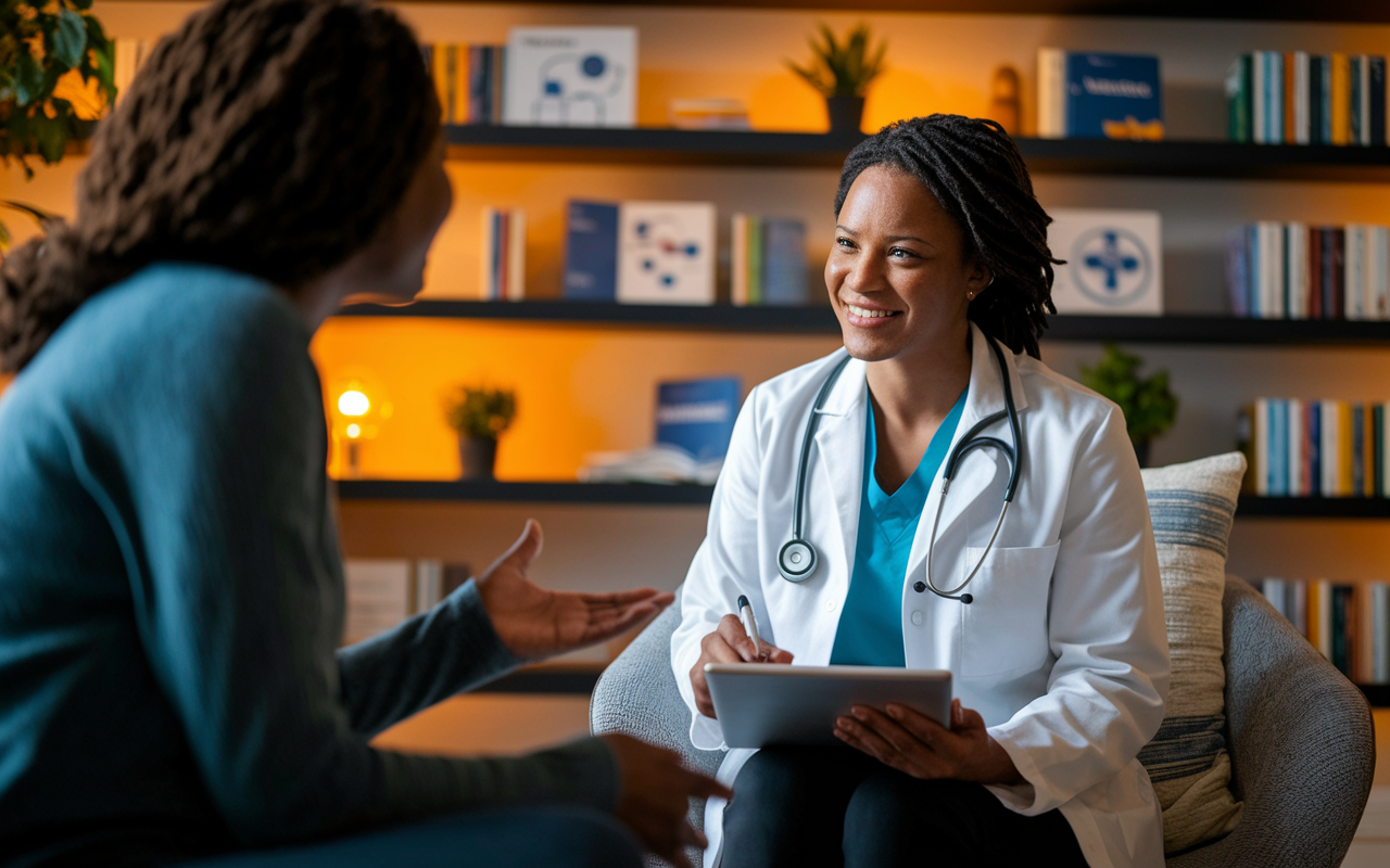 A compassionate physician sitting with a patient in a cozy consultation room, actively listening and taking notes on a digital tablet. The room is warmly lit, creating an inviting atmosphere. The patient looks relaxed and engaged, expressing their thoughts about their healthcare experiences. Shelves of healthcare books and visual diagrams are in the background, highlighting the importance of understanding patient feedback in healthcare innovation. The style should be warm and relatable, aiming for a narrative focus.