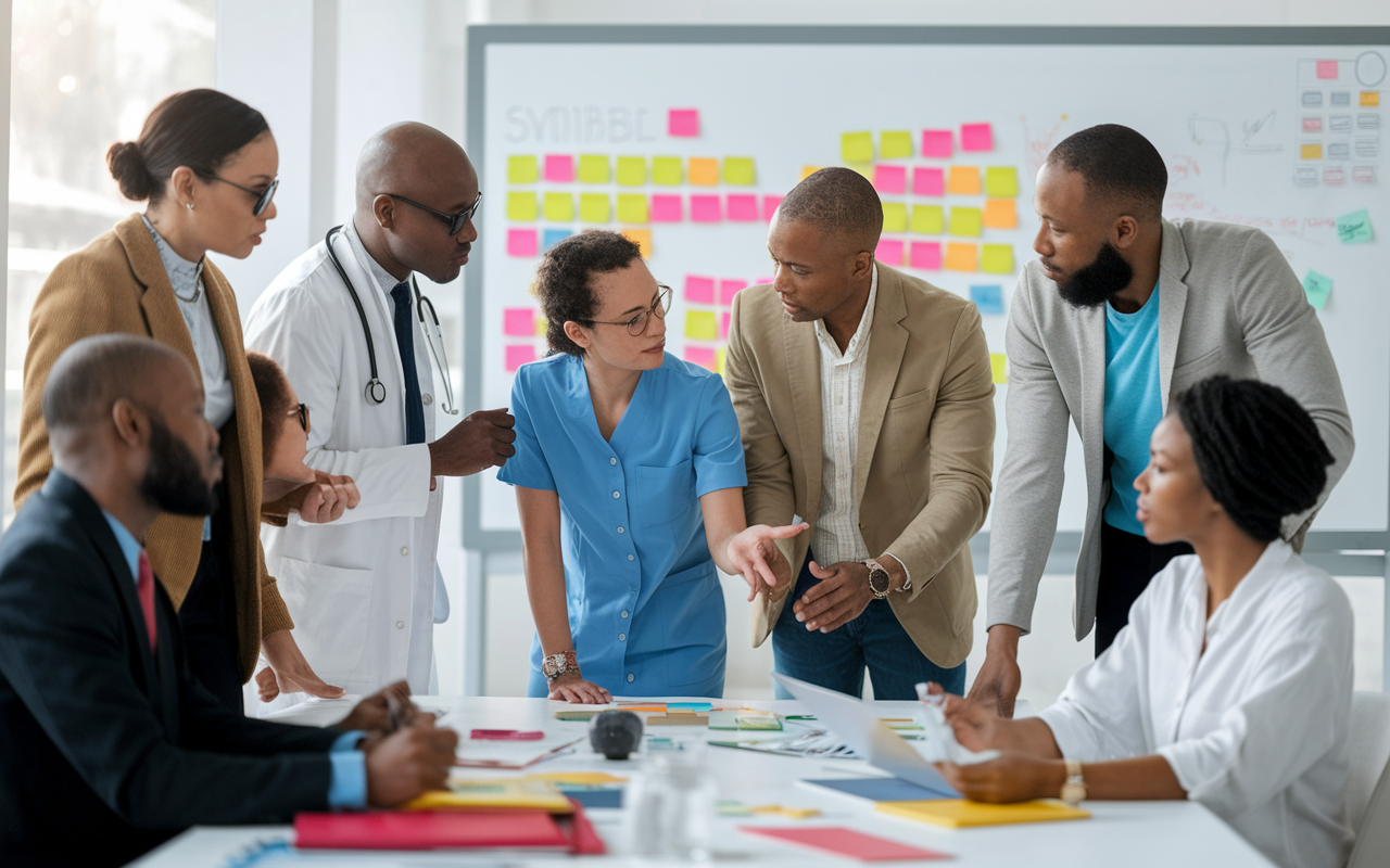 A diverse group of professionals in a collaborative workspace, discussing strategies for launching a medical startup. The team includes a physician, a tech expert, a marketer, and a compliance advisor, each with relevant materials on their desks. A whiteboard filled with project ideas and colorful sticky notes serves as a backdrop, with a bright, inviting office filled with natural light, fostering a sense of teamwork and innovation.