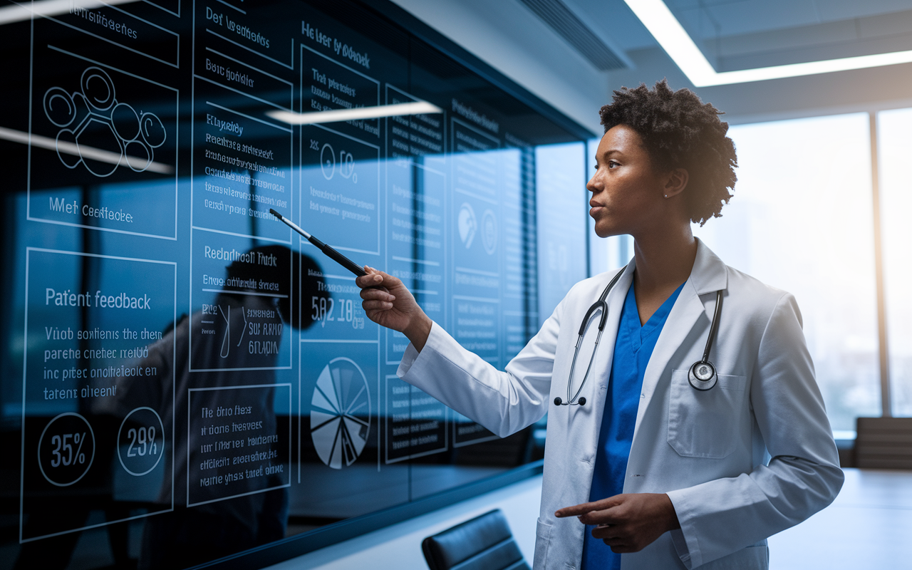 An intense scene depicting a physician entrepreneur examining a large presentation board filled with diagrams, patient feedback, and healthcare statistics in a modern conference room. The physician, dressed in a white coat, looks inspired as they point to key inefficiencies in the system. The atmosphere is one of innovation and determination, with large windows allowing for bright light, illustrating the blend of clinical expertise and entrepreneurial vision.