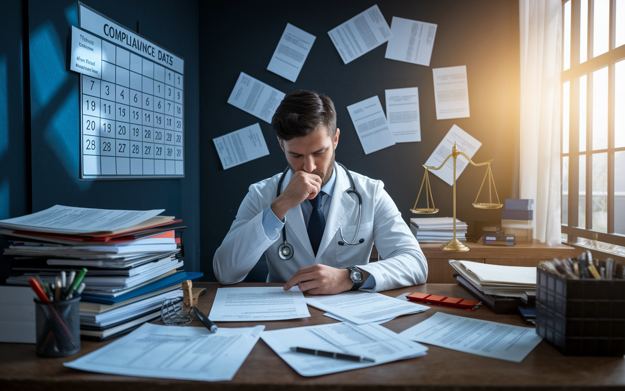 A focused scene of a physician entrepreneur surrounded by legal documents and regulatory papers in a cluttered office space, deep in thought. A wall calendar is marked with important compliance dates. The atmosphere is one of intensity and determination as light streams in through the window, symbolizing hope amid challenges.