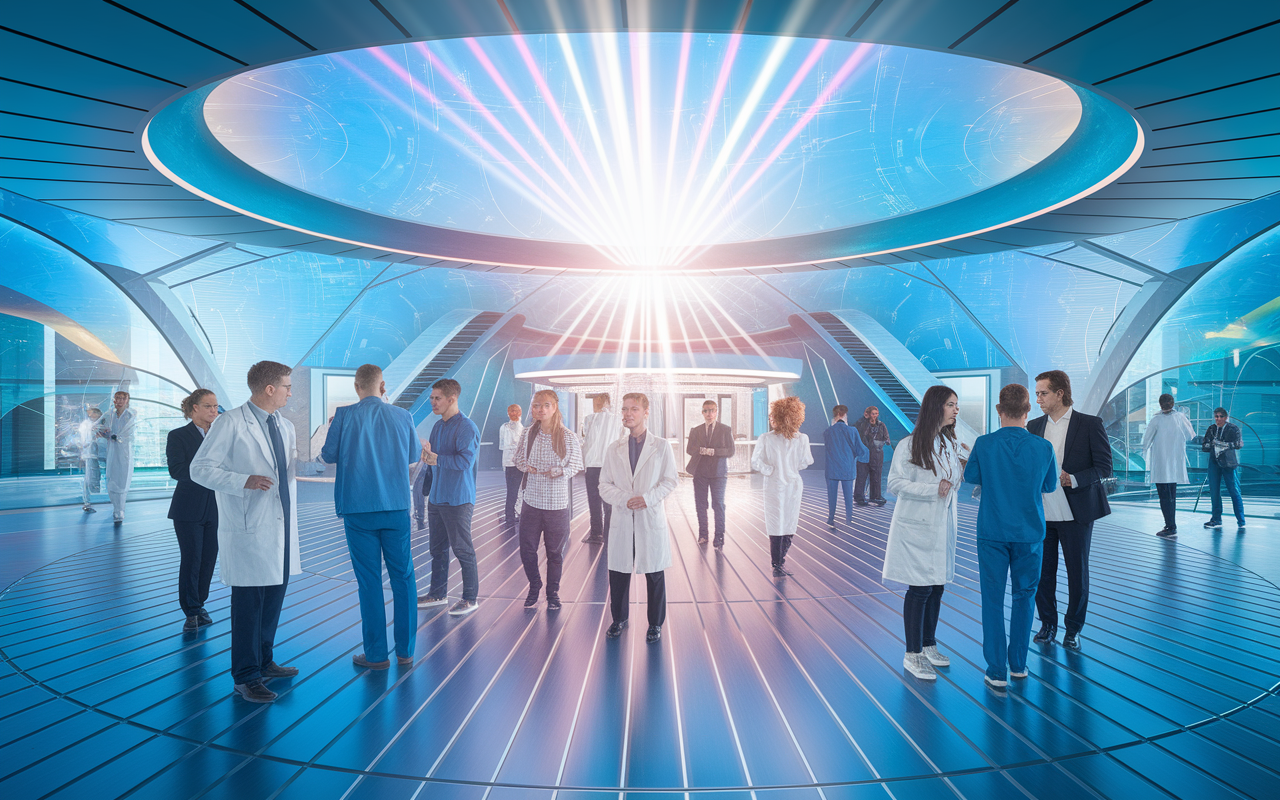 An expansive scene depicting a futuristically designed healthcare facility where physicians, entrepreneurs, and technologists collaborate on innovative healthcare solutions. Bright light floods the space, showcasing diverse individuals brainstorming and prototyping new technologies. This vibrant environment illustrates the optimism and potential for transforming healthcare through innovation.