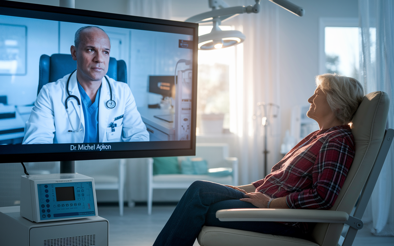 A dramatic, real-time scene of Dr. Michael Apkon in a telemedicine setting, consulting with a stroke patient via video call. The doctor, poised and professional, appears on a large screen while the patient, in a rural home setting, looks relieved and engaged. The room is bright and modern, filled with medical technology. The atmosphere conveys urgency and hope, encapsulating the life-saving potential of telehealth.