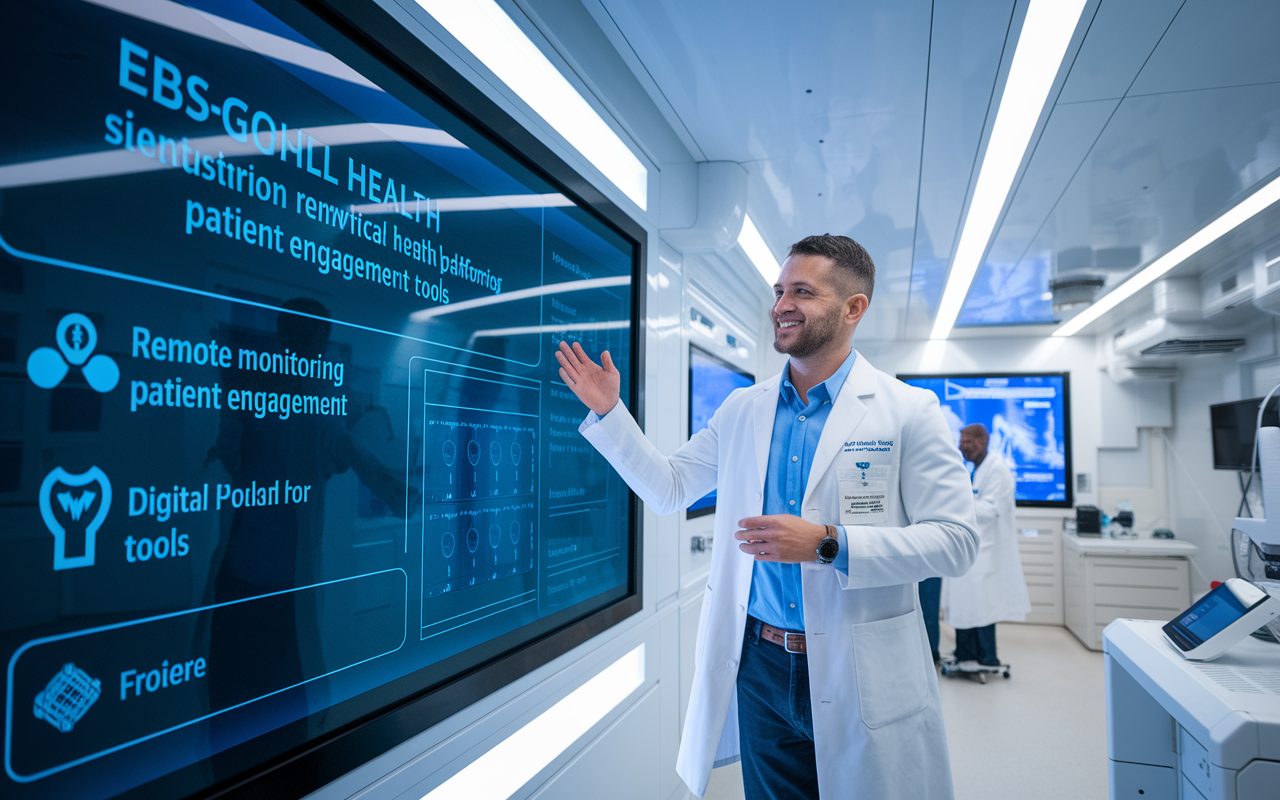 A visually captivating scene of Dr. Joseph Kvedar in a futuristic workspace, presenting his latest digital health platform on a large interactive screen. The screen illustrates features like remote monitoring and patient engagement tools. The environment is sleek and high-tech, filled with medical gear and digital devices. The lighting is bright and inviting, emphasizing the optimism and innovation in digital healthcare.