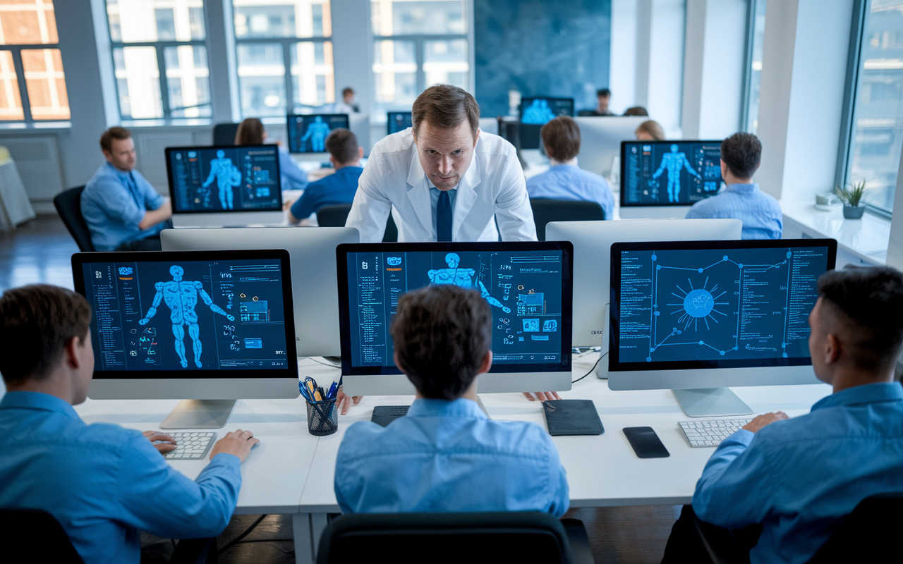 An intense and focused scene of Dr. Eric Greene overseeing a team of engineers working on clinical documentation software in a startup office. Multiple computer screens display AI algorithms and medical data processing. The atmosphere is charged with innovation and collaboration, showcasing the intersection of healthcare and technology in a bright, modern office environment.