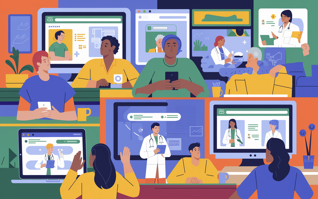 A vibrant digital artwork depicting diverse patients using telemedicine applications on various devices (tablets, phones, computers) in comfortable home settings. Bright colors and clear visuals create a sense of accessibility and connection. Screens display consultations with healthcare professionals, emphasizing the ease of connecting with care from anywhere.