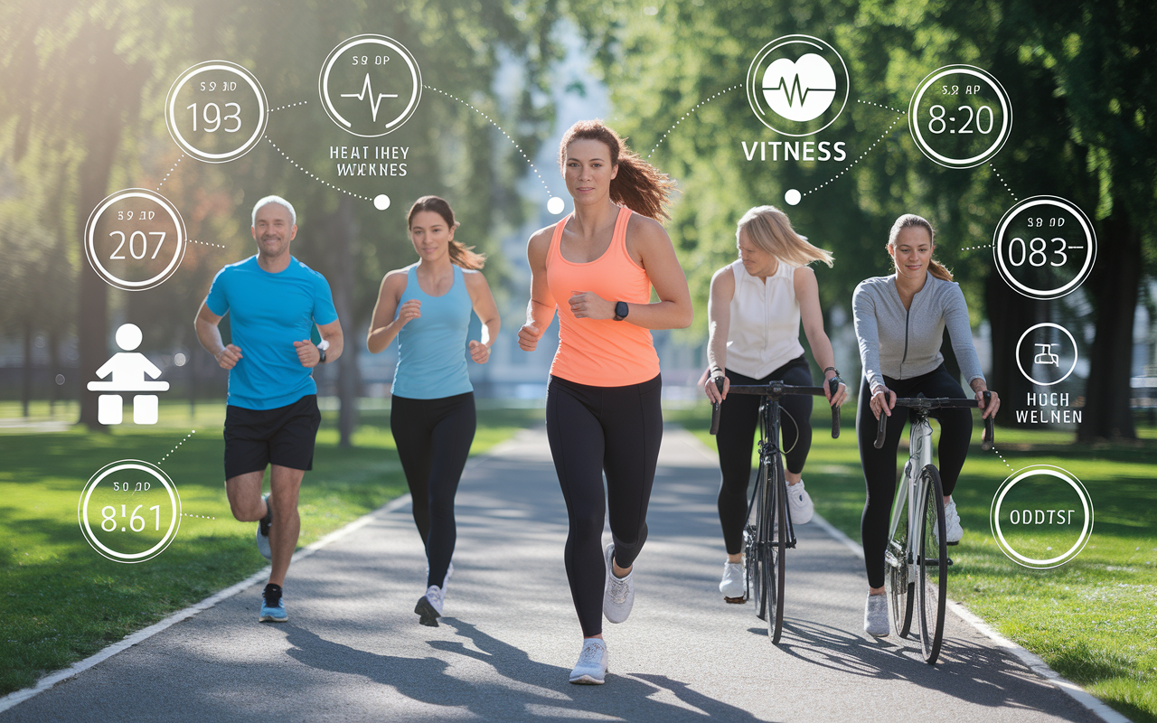 An engaging visual of individuals using various wearable health devices (smartwatches, fitness trackers) while engaging in physical activities like running, yoga, and cycling. The setting is an outdoor park with bright sunlight, conveying wellness and vitality. Infographics around them display heart rates, step counts, and health metrics, showcasing how these devices are integrated into daily life.