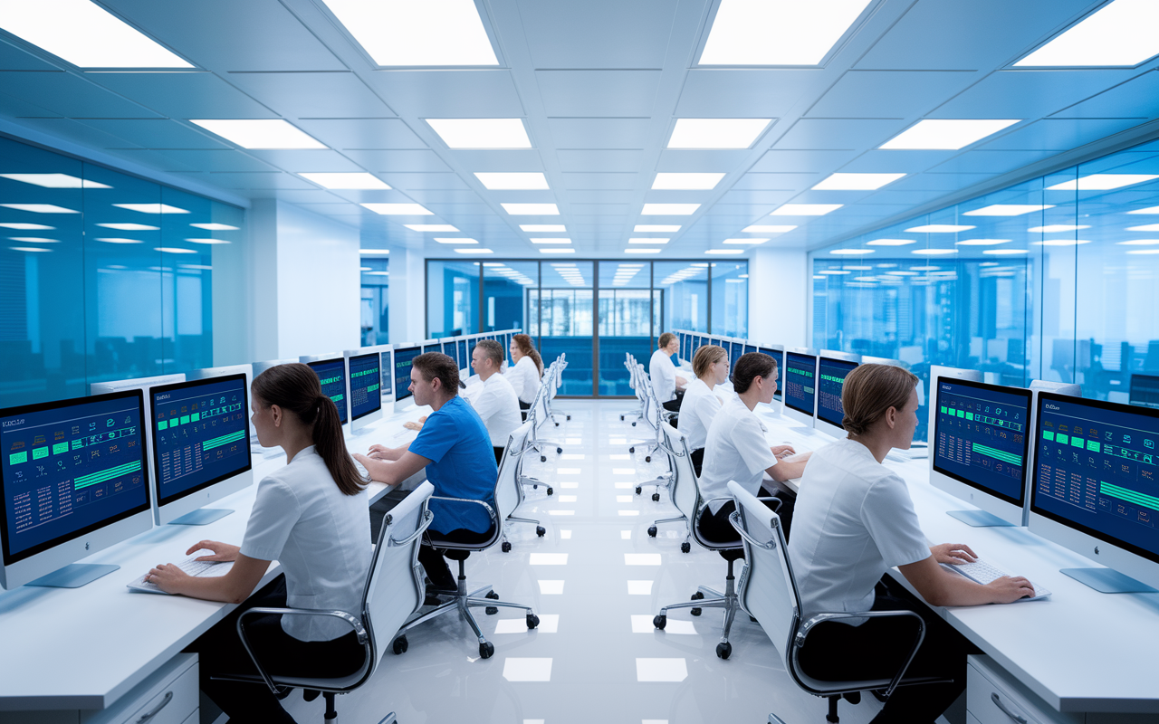 A sleek and modern medical billing office with healthcare professionals engaging with digital dashboards showing Electronic Health Records (EHR). The environment is bright and organized, featuring large monitors displaying patient data management interfaces. The atmosphere is efficient, demonstrating the impact of technology on healthcare administration.