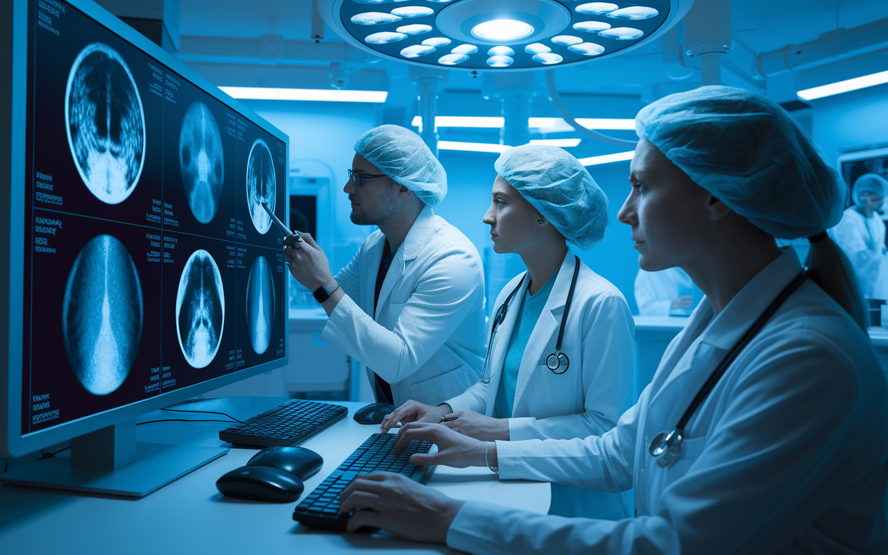 An intense scene inside a radiology lab, where a team of healthcare professionals examines medical imaging on high-resolution screens. An AI assistant analyzes images, highlighting areas of concern. The room is filled with advanced technology, soft blue lighting fills the space, emphasizing innovation and the accuracy AI brings to diagnostics.