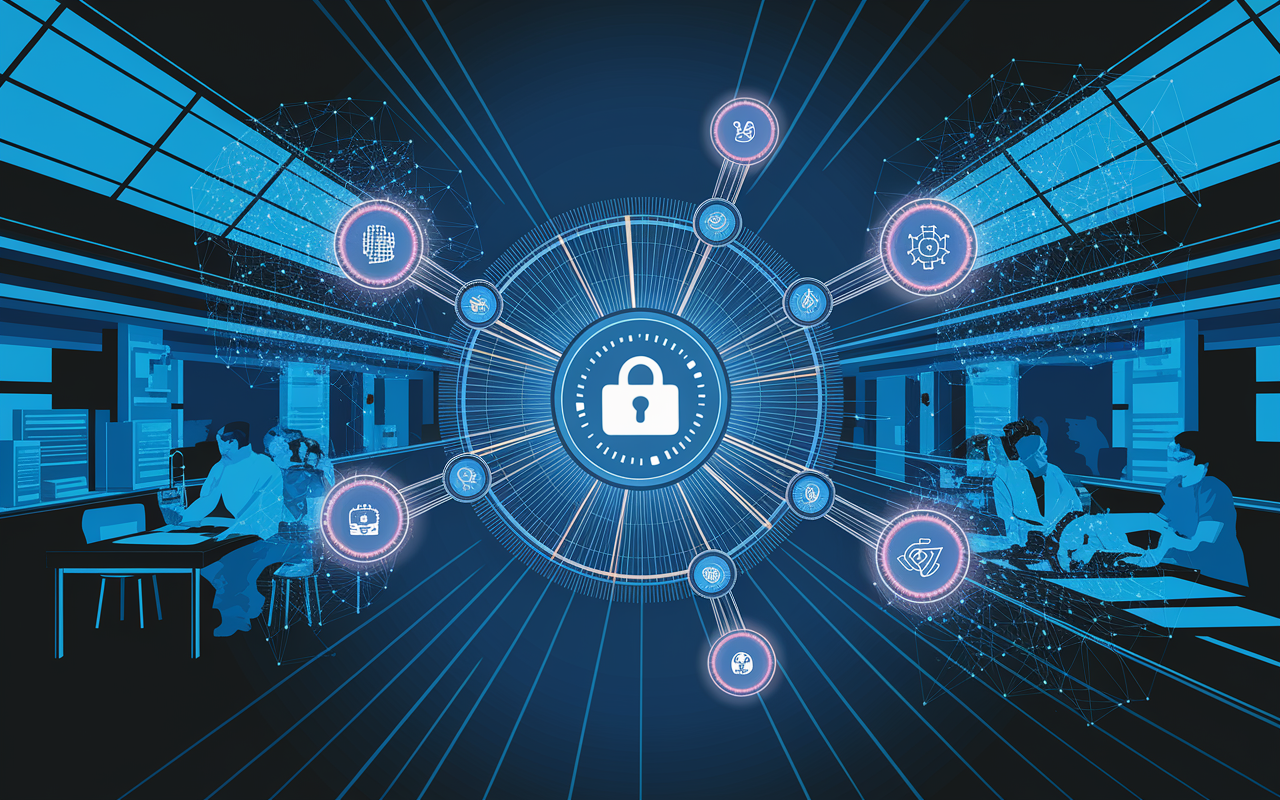 A visually striking digital representation of a blockchain network specifically designed for healthcare, with interconnected nodes symbolizing secure patient data transfers. The background shows a busy hospital environment, illustrating how blockchain technology bridges the gap between data security and healthcare delivery with vivid animations of data flow.