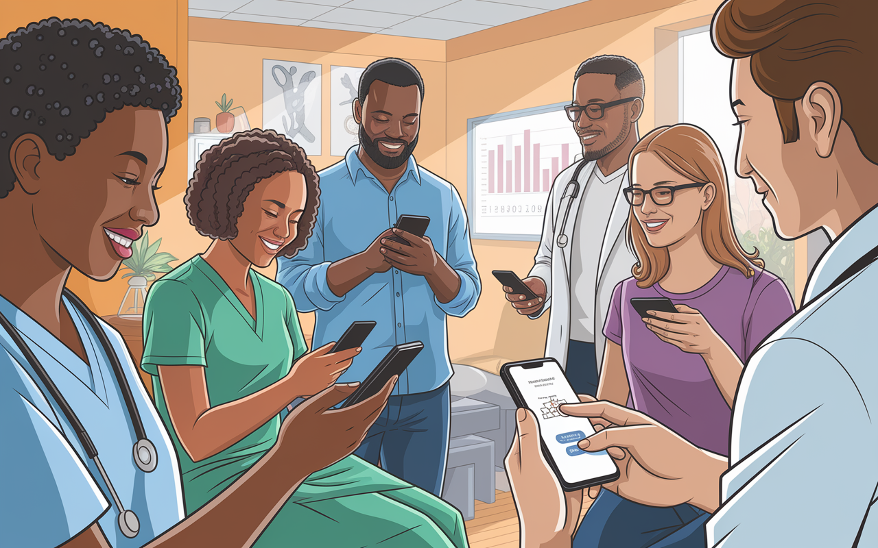 A diverse group of patients in a cozy clinic room, engaging with a modern mobile health app on their smartphones. The room is filled with soft, ambient lighting, creating a relaxed atmosphere. Illustrate one patient smiling while tracking their symptoms, another discussing the app with their doctor, and a large screen displaying health metrics in the background. Emphasize the themes of patient empowerment and technology integration in healthcare.