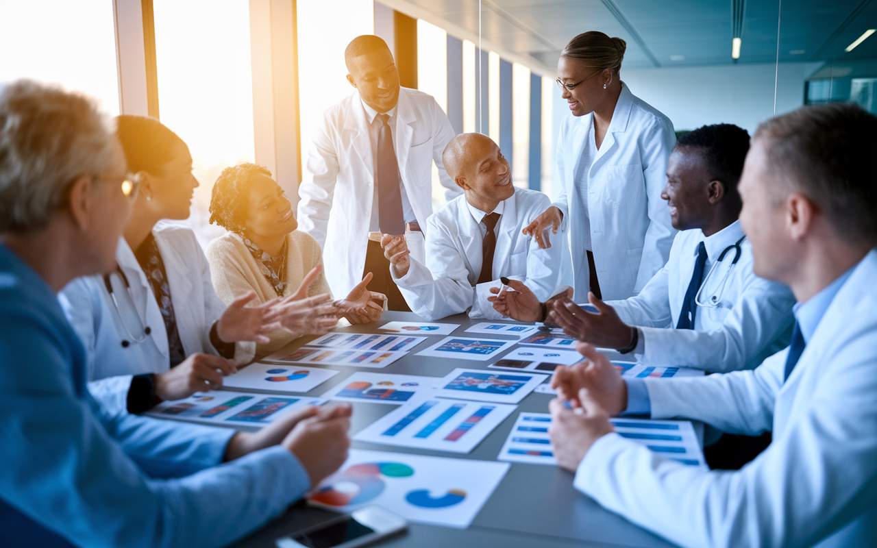 A lively focus group session in a bright conference room with healthcare professionals and potential users discussing a new medical app. Participants are seated around a large table adorned with brochures and prototypes, animatedly sharing their feedback. The atmosphere is collaborative, with expressions of curiosity and enthusiasm, highlighted by warm lighting and a modern, sleek design.