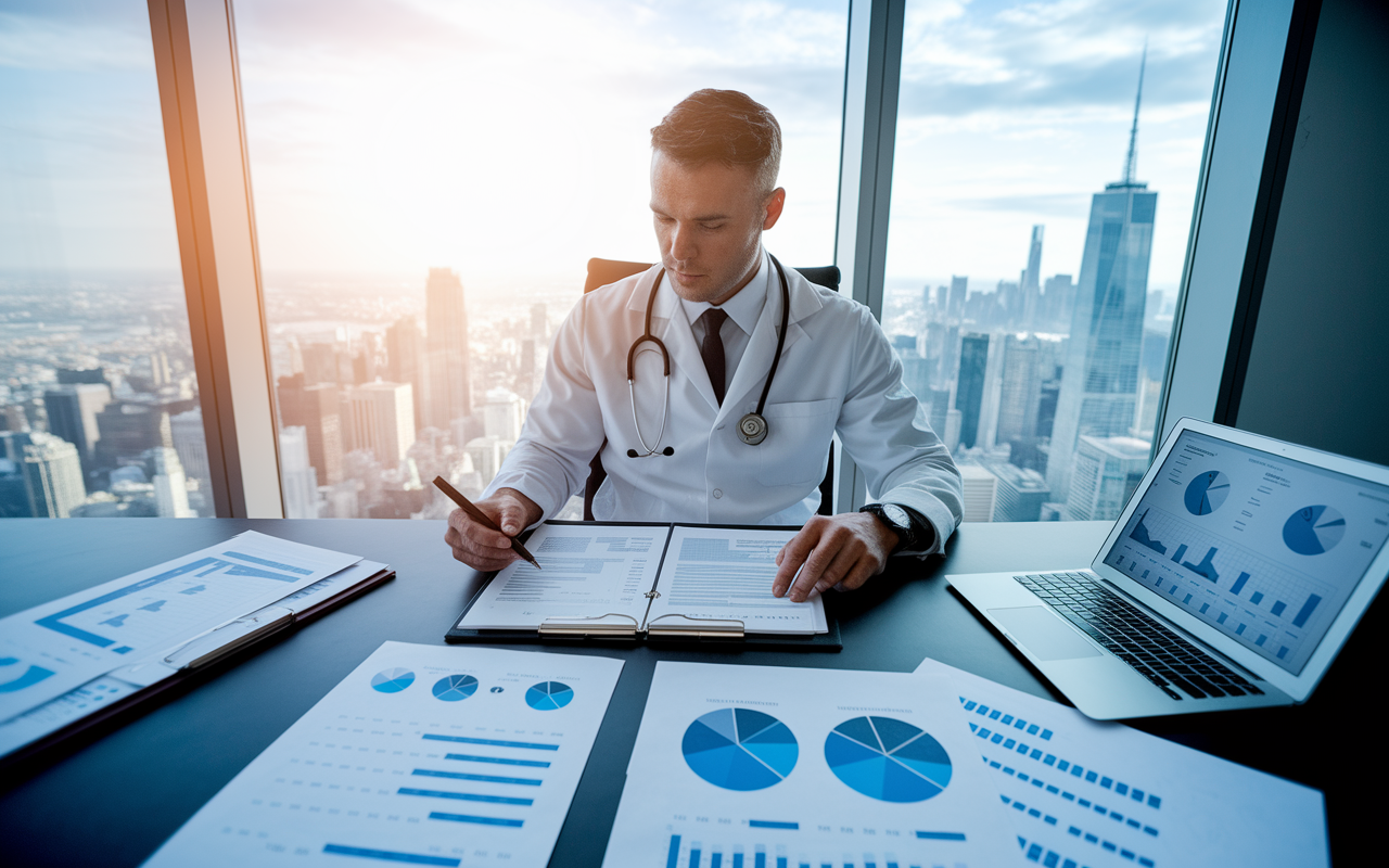 A physician sitting at a sleek desk, deeply focused on reviewing a comprehensive business plan. The setting is an elegant office with a large window providing a view of a bustling city. Papers and financial documents are spread out, and a laptop displays graphs and analytics. The lighting is bright and motivating, symbolizing clarity and vision in entrepreneurial endeavors.