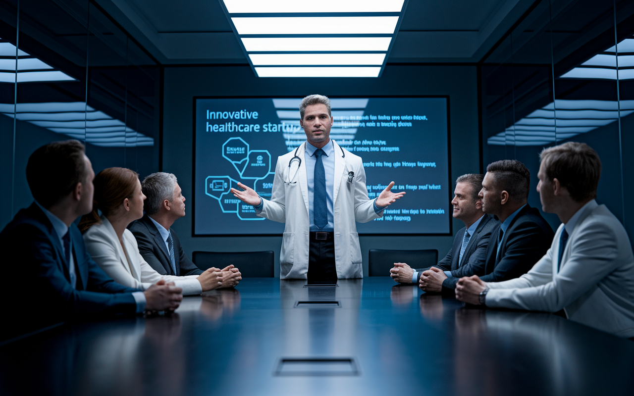 A determined physician standing confidently in front of a group of investors in a sleek, modern meeting room, presenting a pitch for a healthcare startup. The room is dimly lit with focused spotlights on the physician, while a projected slide deck outlines innovative healthcare solutions. The investors display varied expressions of interest and skepticism, highlighting the high-stakes nature of startup funding.