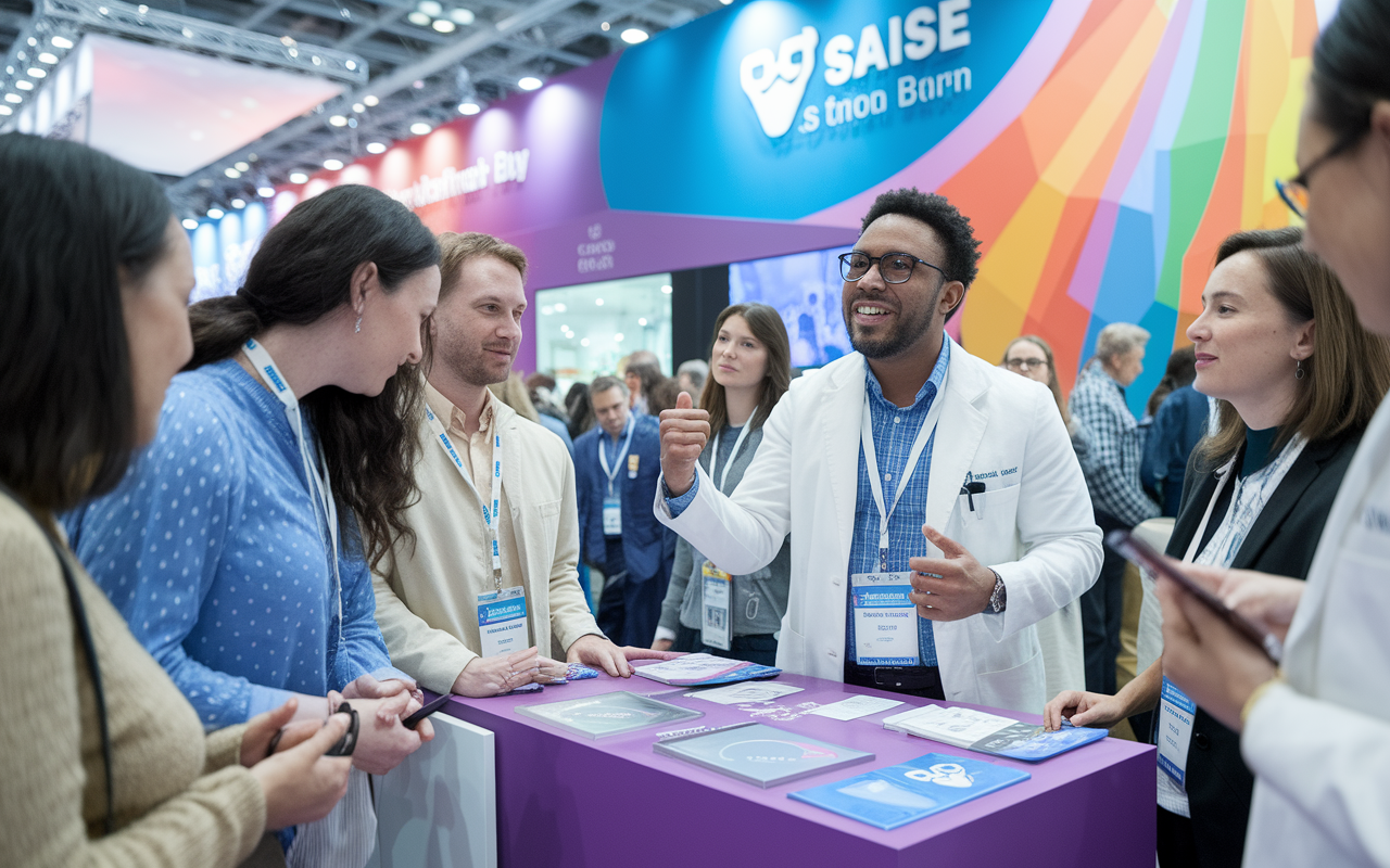 A vibrant healthcare expo scene where a physician enthusiastically showcases their medical startup at an eye-catching booth. The booth is adorned with interactive displays and promotional materials. Attendees, including potential investors and fellow healthcare professionals, eagerly engage with the physician, symbolizing the dynamic nature of medical entrepreneurship in a lively, colorful environment.