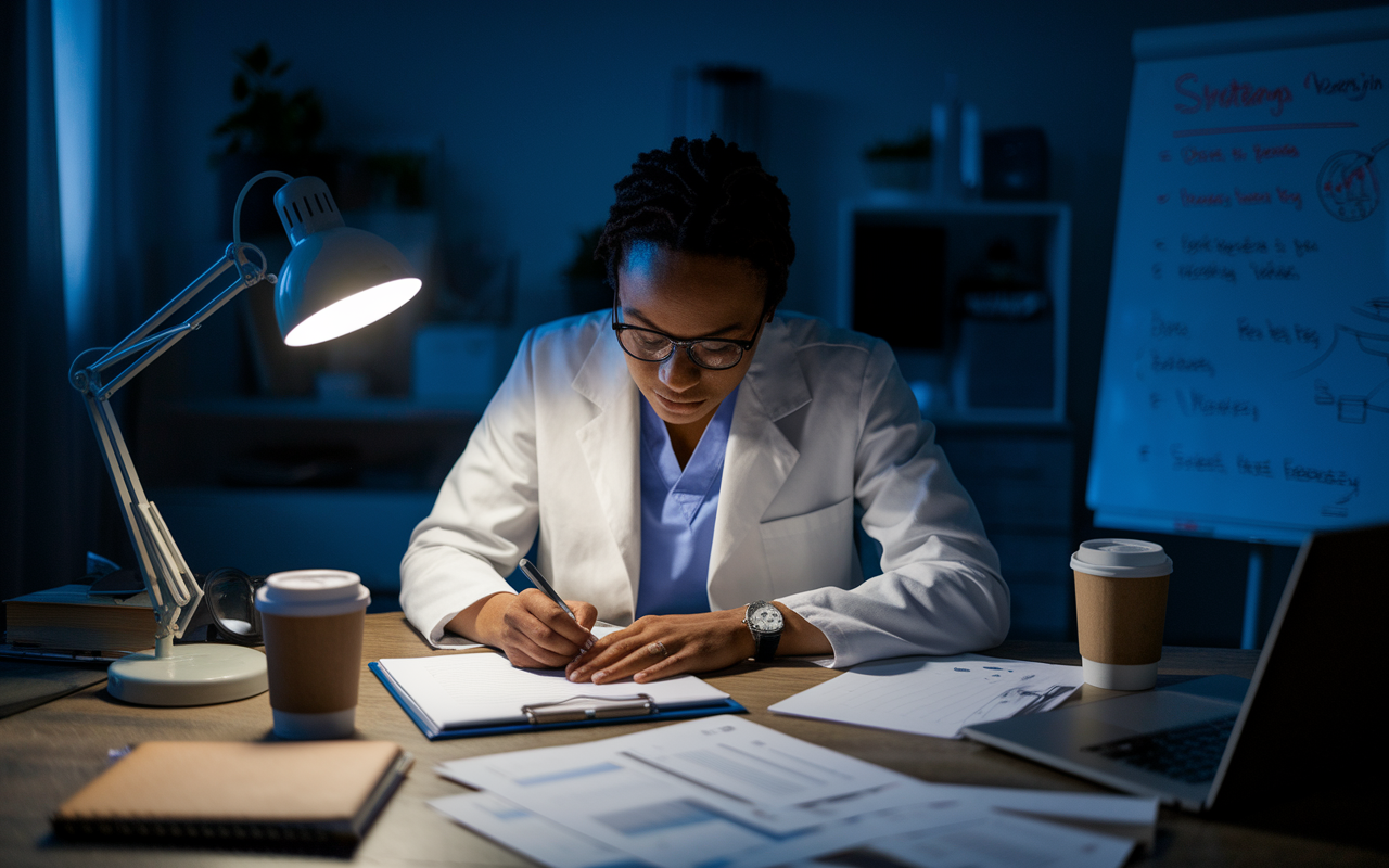 A determined physician working late at night at their desk, surrounded by documents, a laptop, and coffee cups, representing the challenges of entrepreneurship. The room is dimly lit, with a focused desk lamp casting a warm glow on their face, illustrating resilience and perseverance. A whiteboard in the background displays strategies and goals, reflecting the ongoing journey of adapting and overcoming obstacles in the startup world.