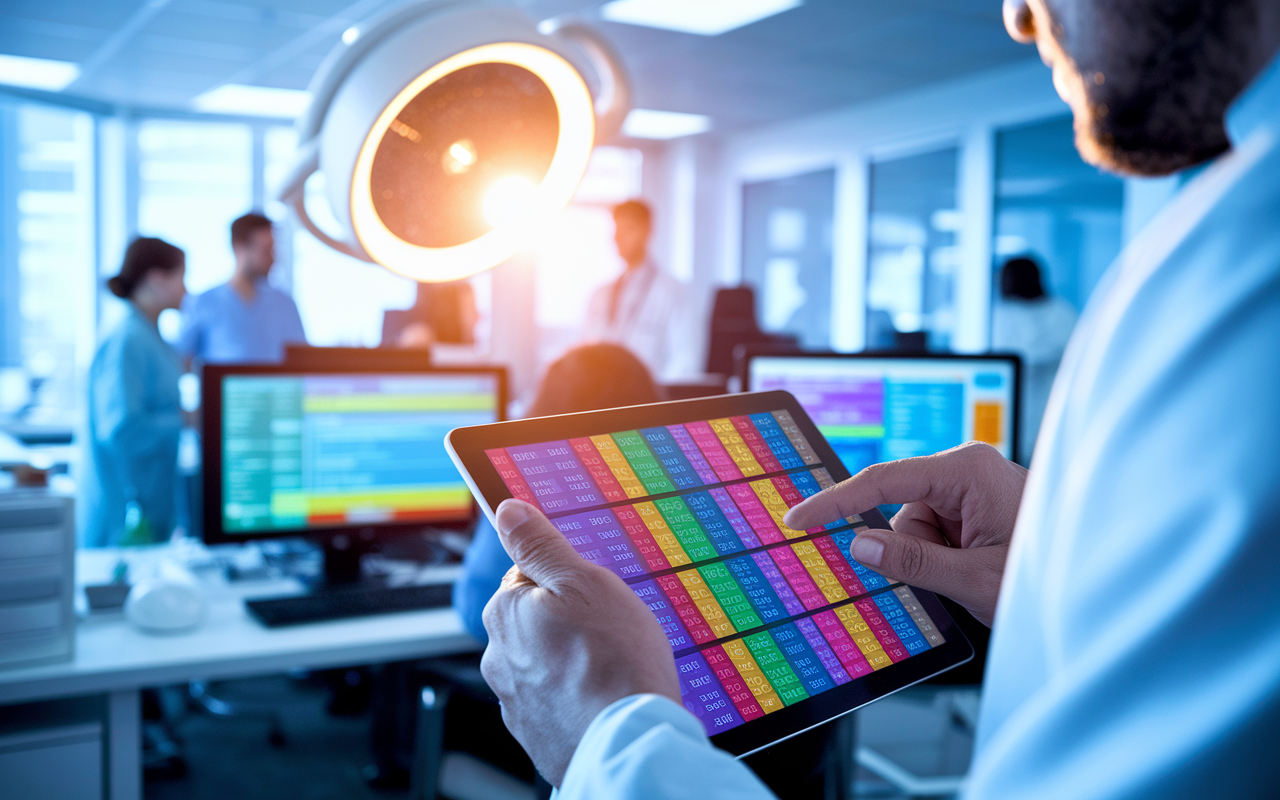 A close-up view of a physician interacting with a digital tablet displaying a colorful interface of electronic health records (EHR). The background shows a busy medical office with healthcare professionals consulting over monitors. The scene has a bright, professional ambiance. A warm glow from an overhead light highlights the focus and engagement on the physician's face as he navigates patient data efficiently.