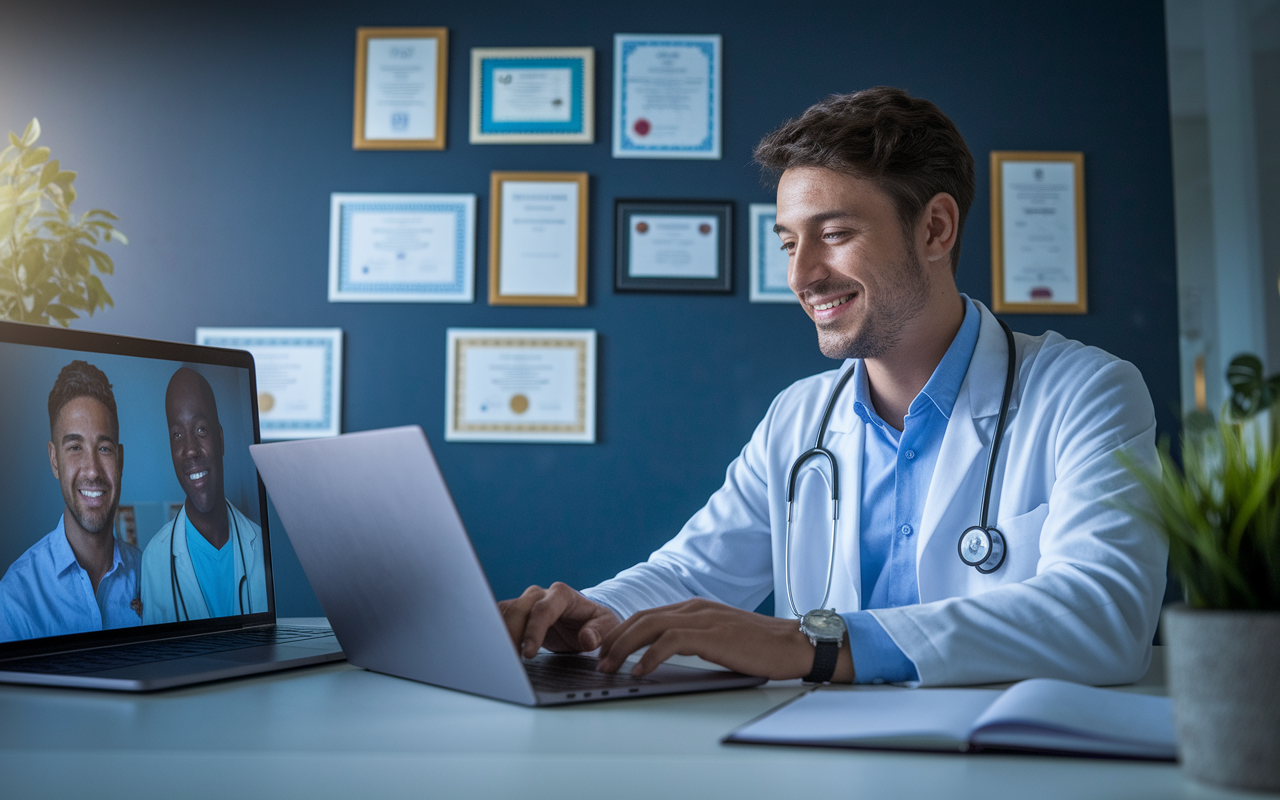 A young physician conducting a telemedicine consultation on a laptop, with a calm patient on the screen. The physician is in a well-lit, modern office surrounded by certificates and medical charts. The atmosphere conveys warmth and professionalism, highlighting the connection between the physician and patient, despite the virtual barrier.