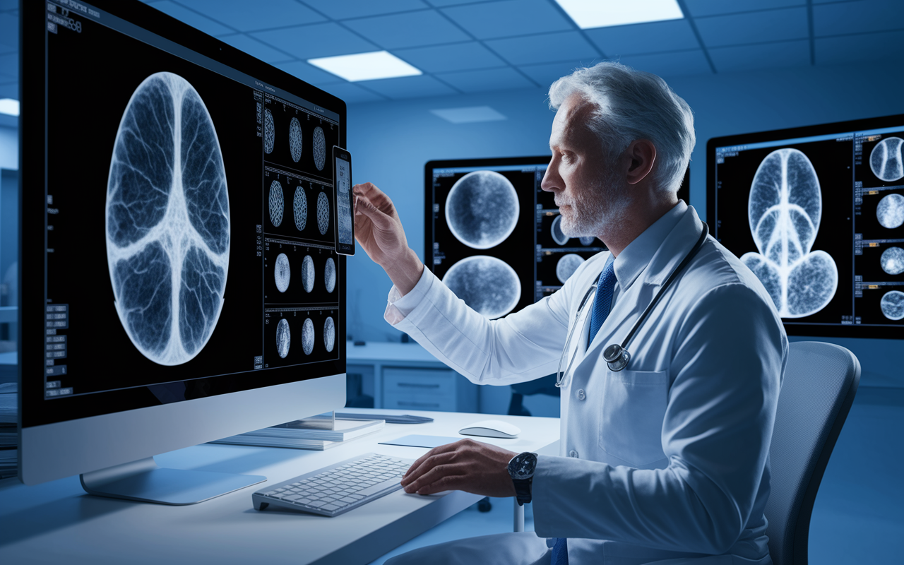 A radiologist in a hospital examining a 3D-rendered scan on a modern computer screen, next to AI algorithms visualizing data. The room is equipped with advanced imaging technology and screens showcasing complex diagnostic images. Bright focused lighting illuminates the scene, while the radiologist appears engrossed, showing the synergy between human expertise and AI assistance.