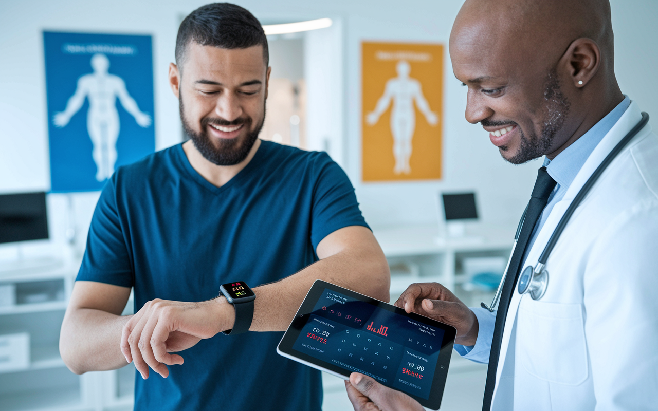 A patient wearing a smartwatch that displays health metrics like heart rate and glucose levels, while a physician examines the data on a tablet beside him. The setting is a bright and open clinic, showcasing high-tech equipment and medical posters on the walls. The physician looks impressed, emphasizing the harmony of human and wearable tech in monitoring patient health.