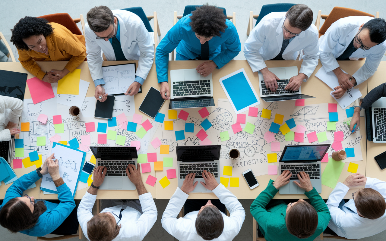 A vibrant scene at a medical hackathon, featuring diverse teams of physicians, software developers, and designers brainstorming around tables filled with laptops and brainstorming materials. The atmosphere is dynamic and collaborative, with colorful post-it notes and sketches visible, showing a fusion of technology and medicine.