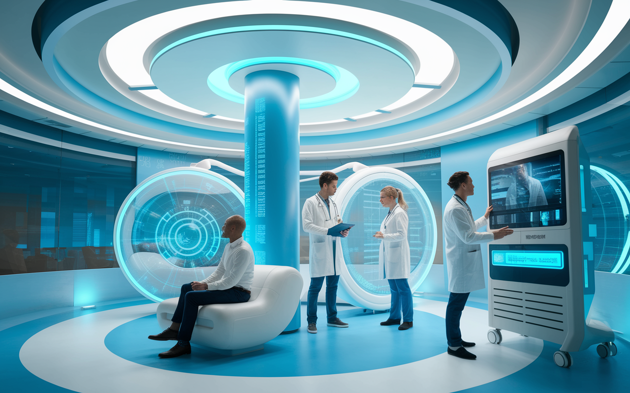 A futuristic healthcare setting where tech-savvy physicians confer with patients amidst advanced technology, such as AI interfaces and telehealth monitors. The environment is bright and innovative, showcasing a seamless blend of human interaction and technological assistance, embodying the essence of patient-centered care.