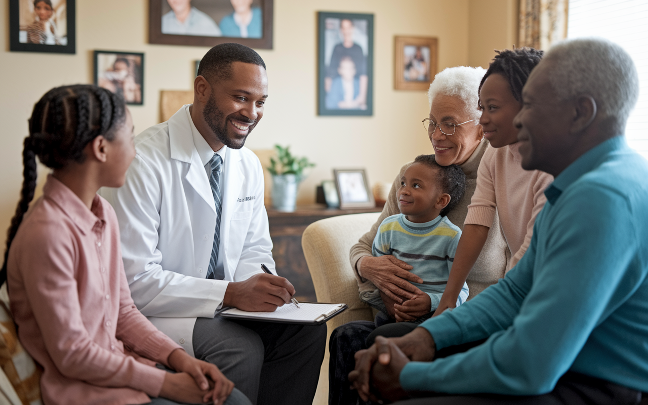 A compassionate family medicine physician in a cozy office setting, engaging with a multi-generational family, including children and grandparents. The physician, dressed in a white coat, is smiling and taking notes while ensuring the family feels comfortable. The room is warm and welcoming, with family photos on the walls and medical charts visible, emphasizing the importance of holistic, long-term patient relationships.