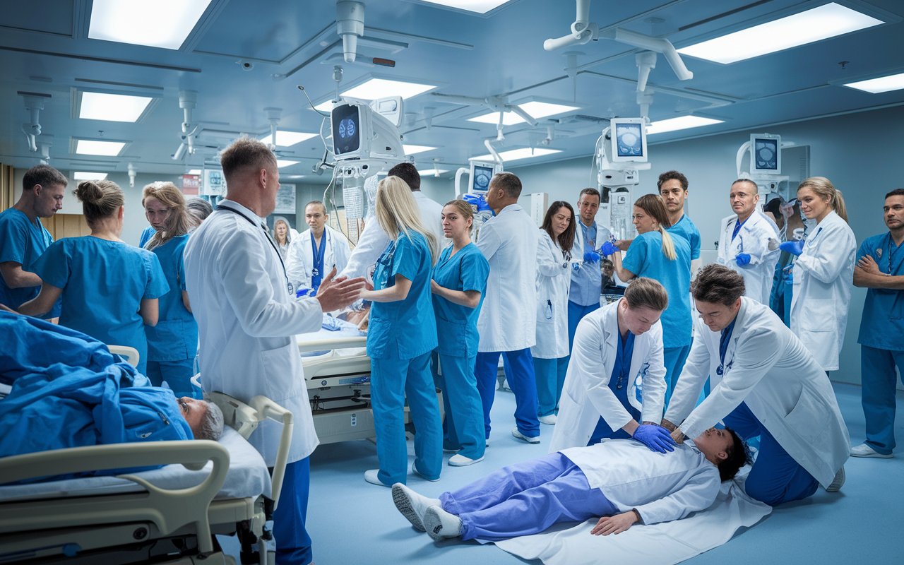 A bustling emergency room filled with medical professionals in scrubs and white coats, actively responding to various medical emergencies. A doctor is urgently discussing a patient's condition with nurses, while another team is performing CPR on a patient. Bright overhead lights and medical equipment create a sense of urgency and high-stakes environment typical of emergency medicine.