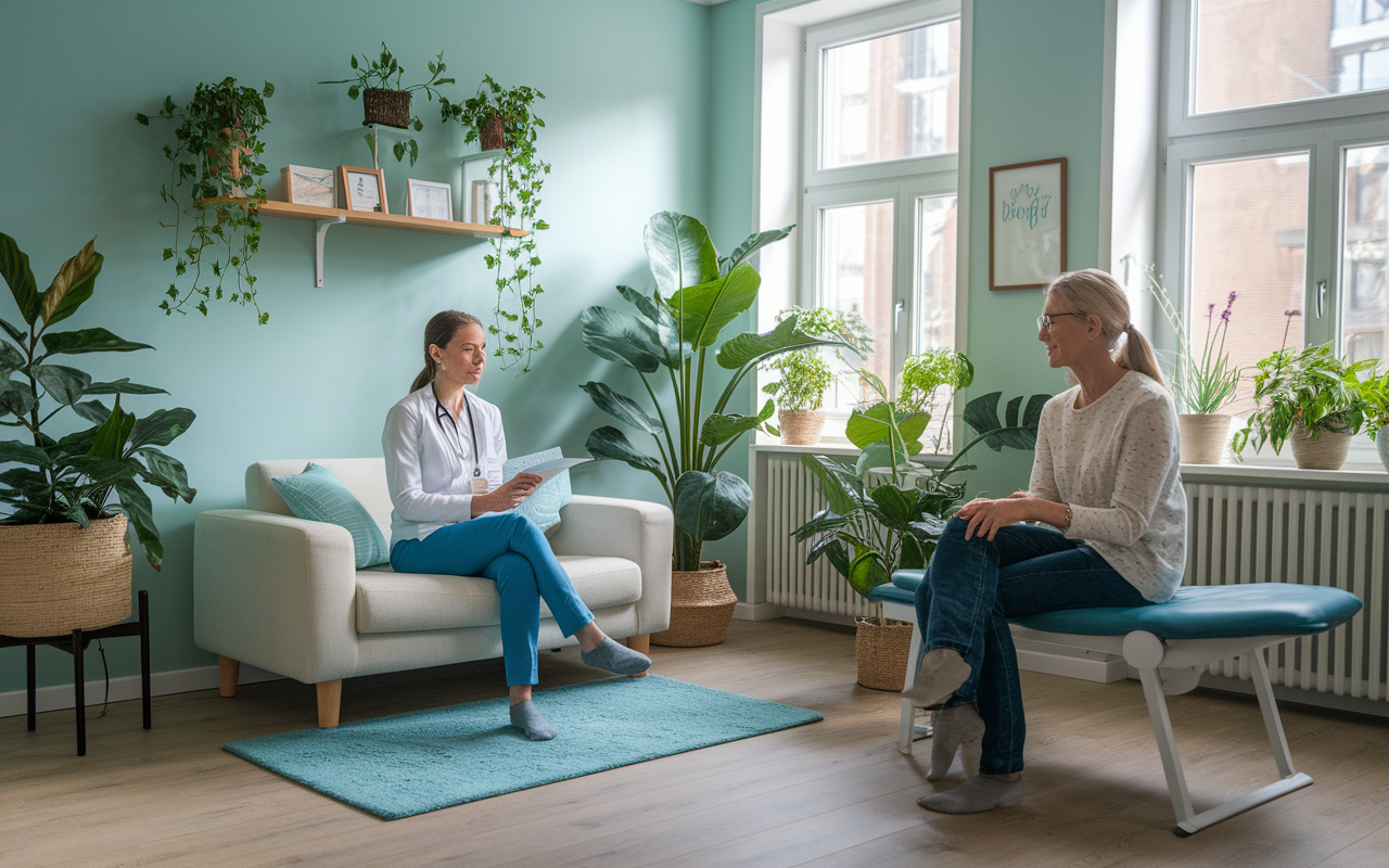 A soothing healthcare clinic where an integrative medicine practitioner conducts a consultation with a patient, blending traditional and complementary therapies. The room has plants, soft lighting, and alternative medicine resources, showcasing a holistic approach to care that emphasizes patient-centered practices and wellness.