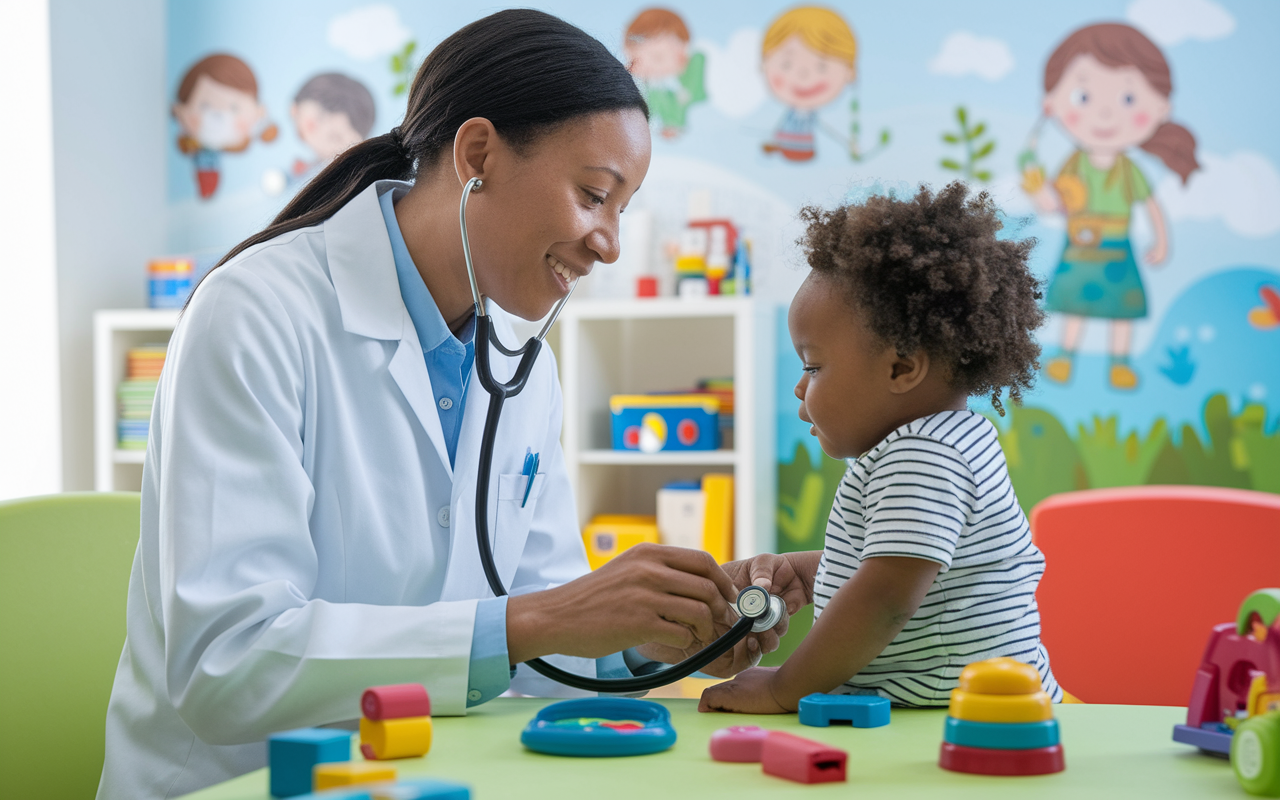 A dedicated pediatrician examining a young child in a colorful, cheerful clinic. The pediatrician, with a warm smile, is using a stethoscope while the child is playing with toys nearby, showing engagement and comfort. The room is bright and welcoming, filled with educational toys and illustrations on the walls, representing a nurturing and supportive environment for children.